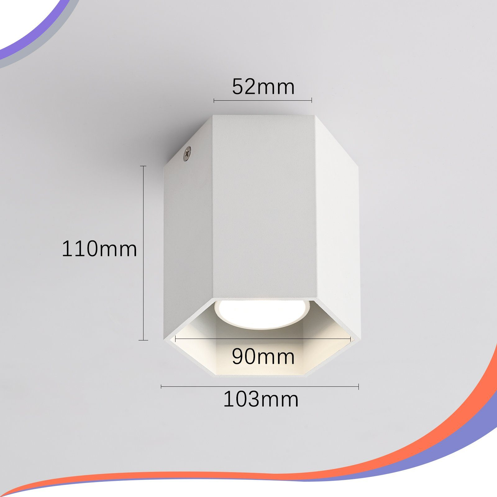 Una lampada da soffitto esagonale bianca con misure di 110 mm, 90 mm, 103 mm e 52 mm.