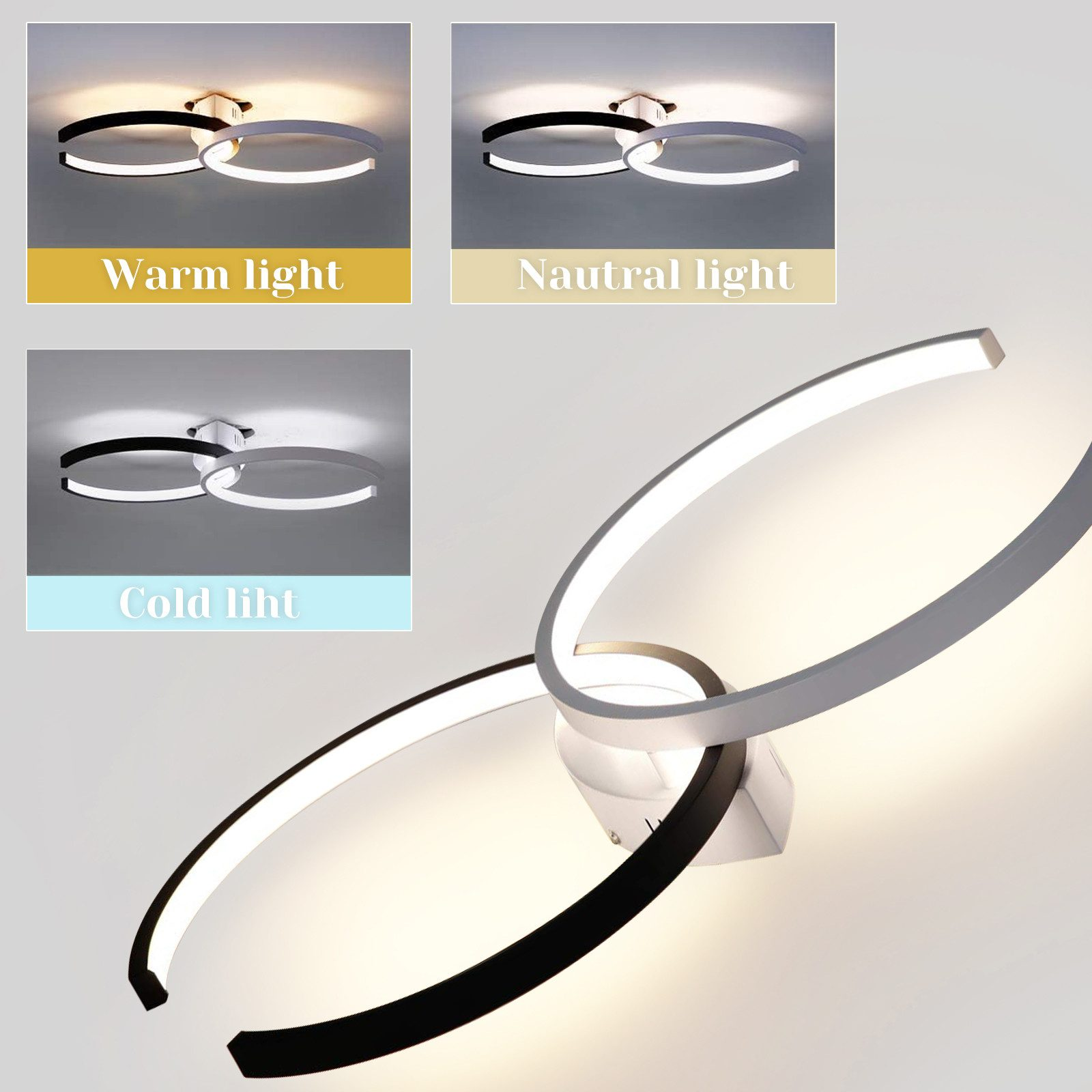 Lampada da soffitto moderna con tre anelli interconnessi. Tre impostazioni di luce: calda, neutra e fredda.