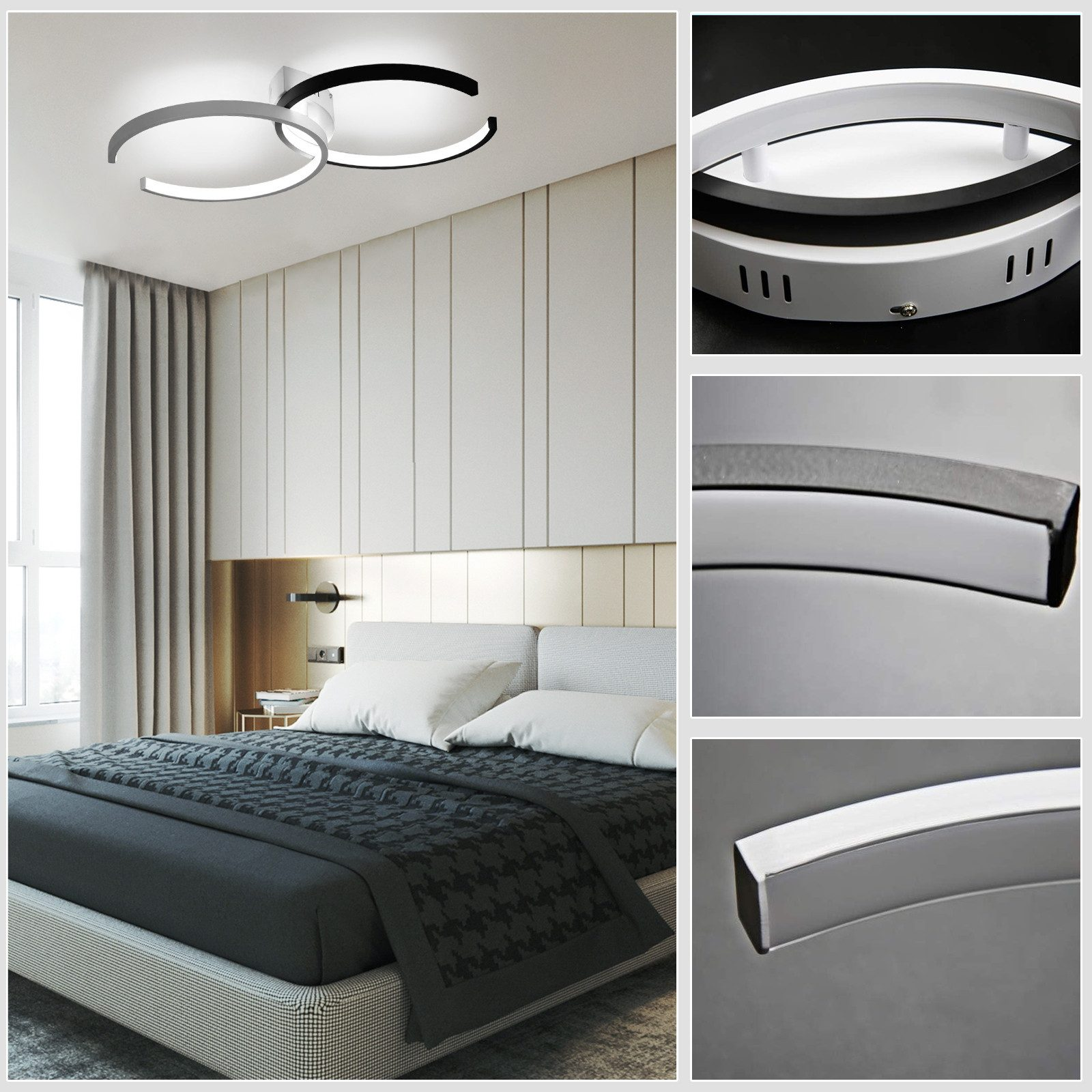 Camera da letto con una moderna plafoniera. Sono mostrati anche primi piani dell'apparecchio di illuminazione.