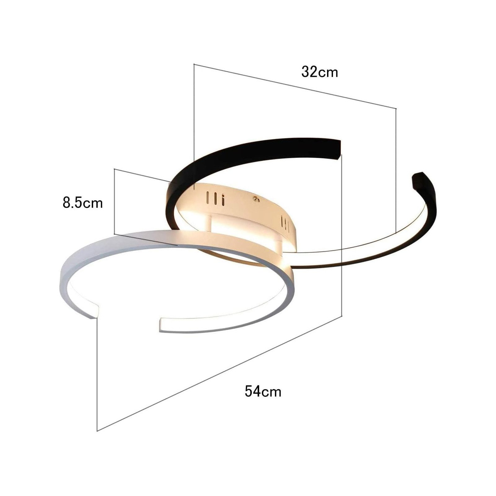 Un apparecchio di illuminazione a soffitto con un design a spirale, con dimensioni etichettate.