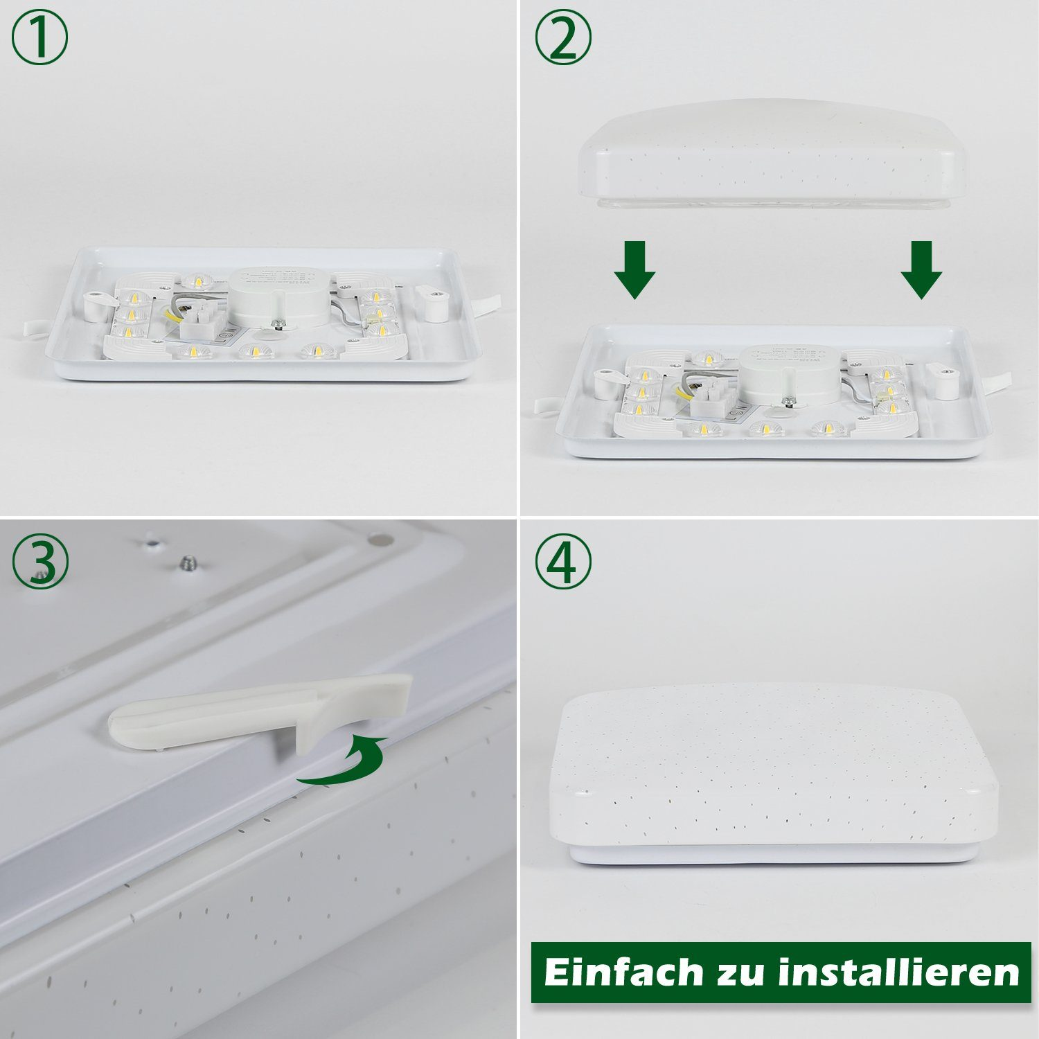 Quattro immagini che mostrano l'installazione di una lampada da soffitto bianca. Testo facile da installare in basso.
