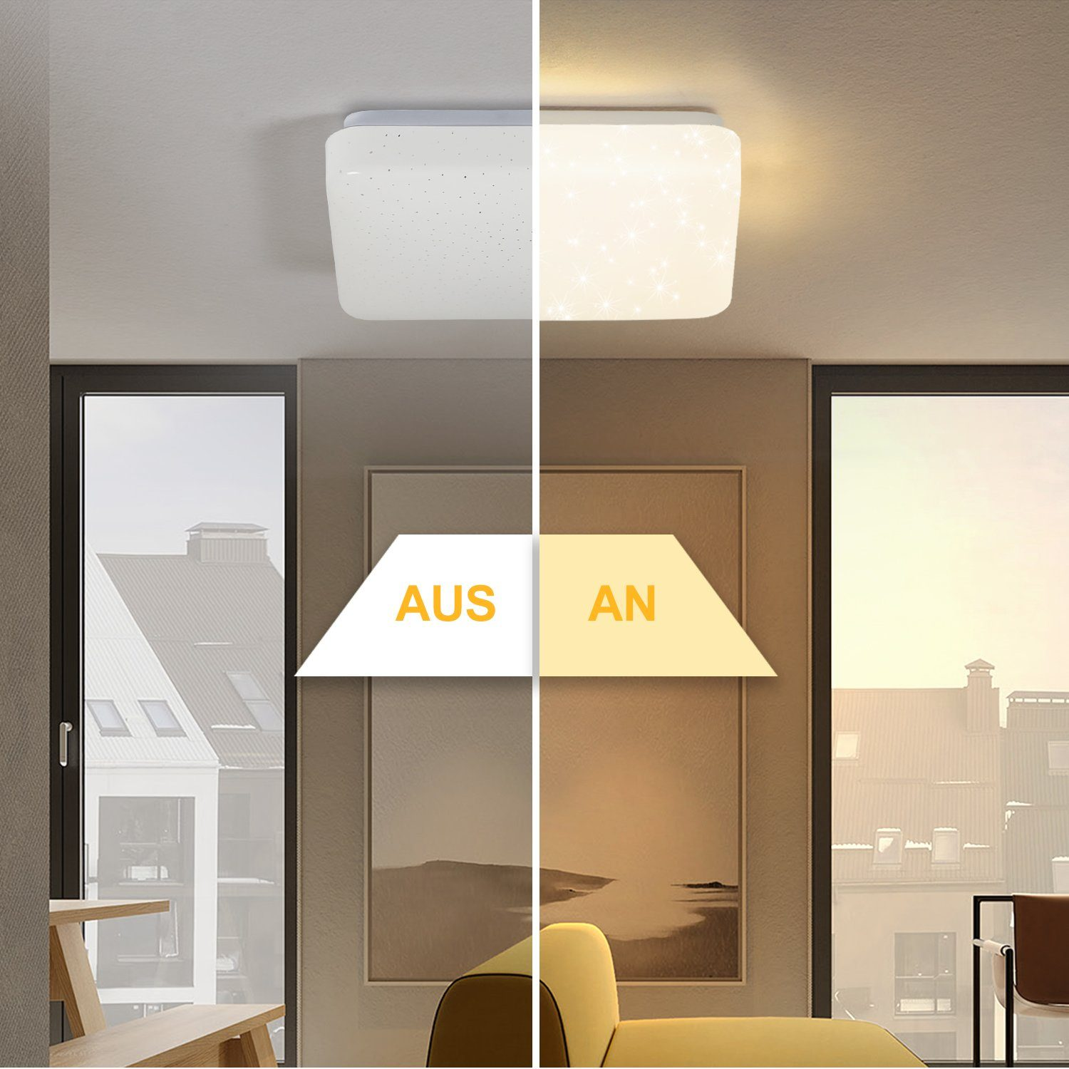 Una moderna plafoniera in due stati, accesa e spenta. La luce ha un design a forma di stella.