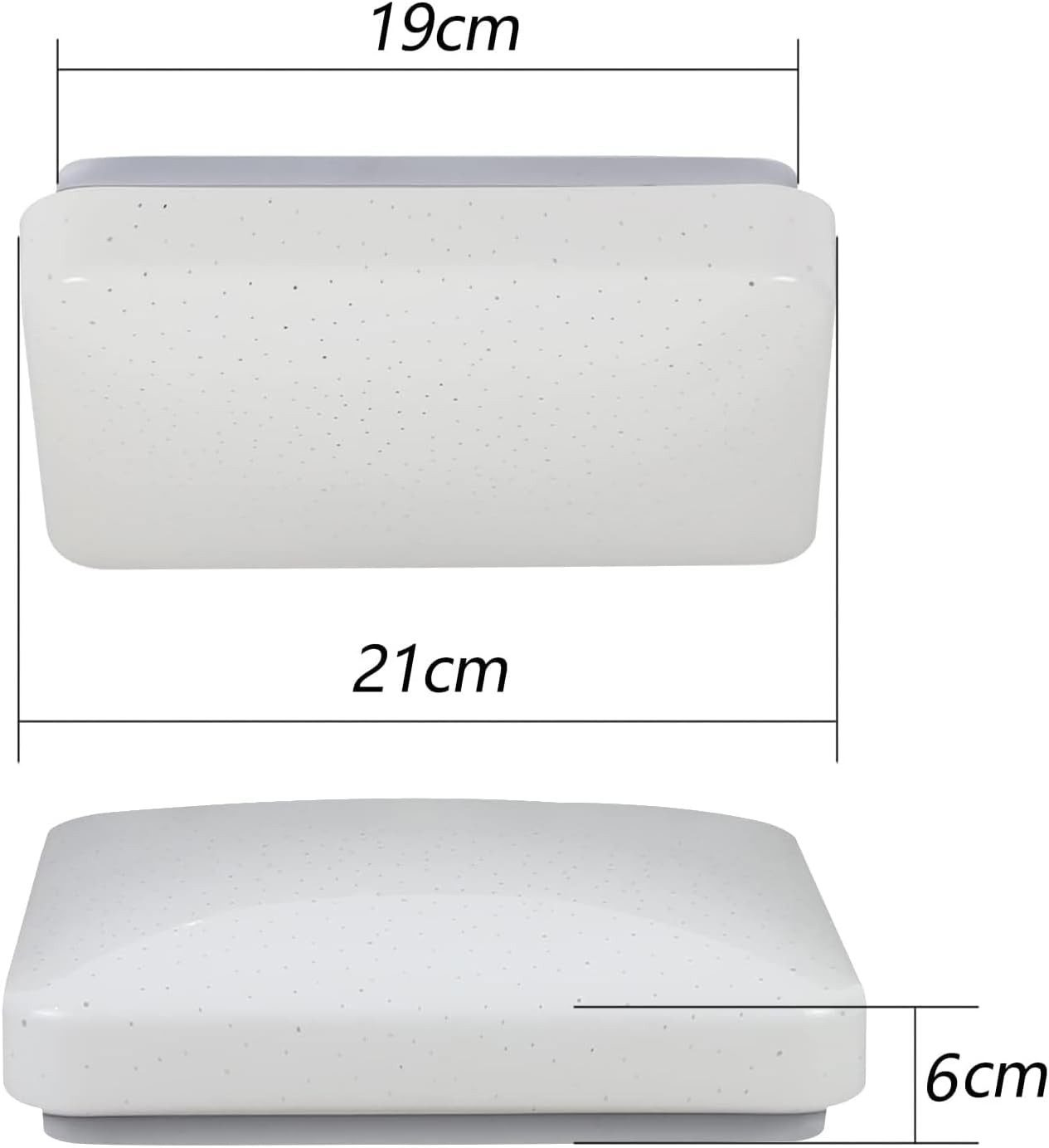 Biała, kwadratowa lampa sufitowa z oznaczonymi wymiarami, widok z góry i z boku.