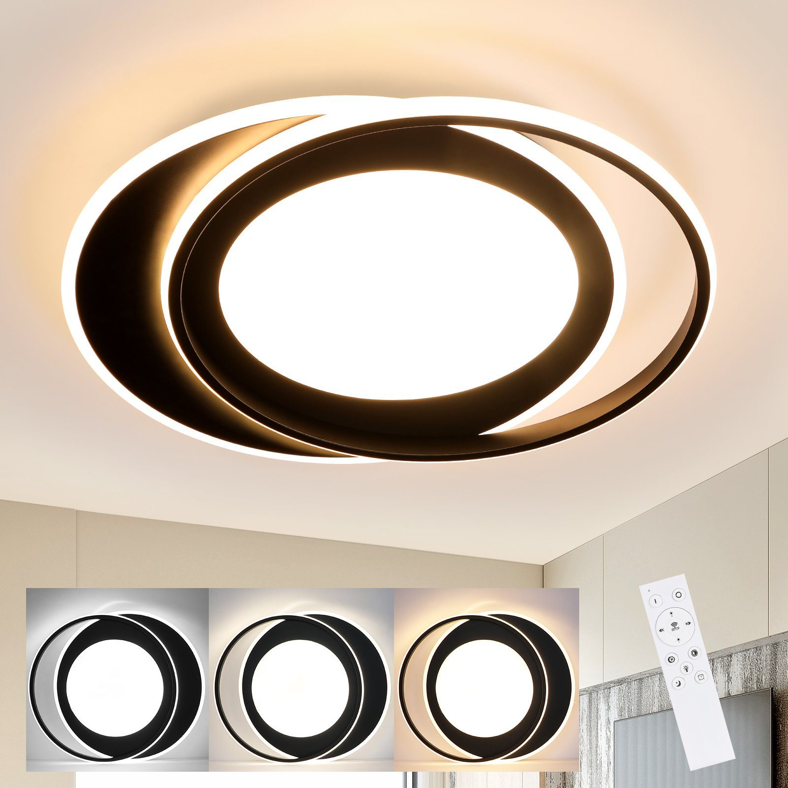 Una moderna plafoniera a LED bianca e nera con tre modalità di illuminazione e un telecomando.