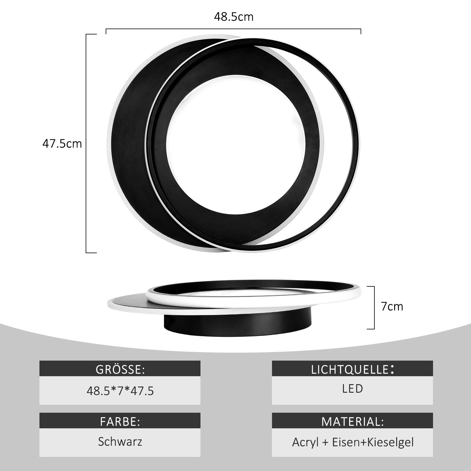 Una moderna plafoniera bianca e nera con dimensioni e dettagli dei materiali visualizzati di seguito.