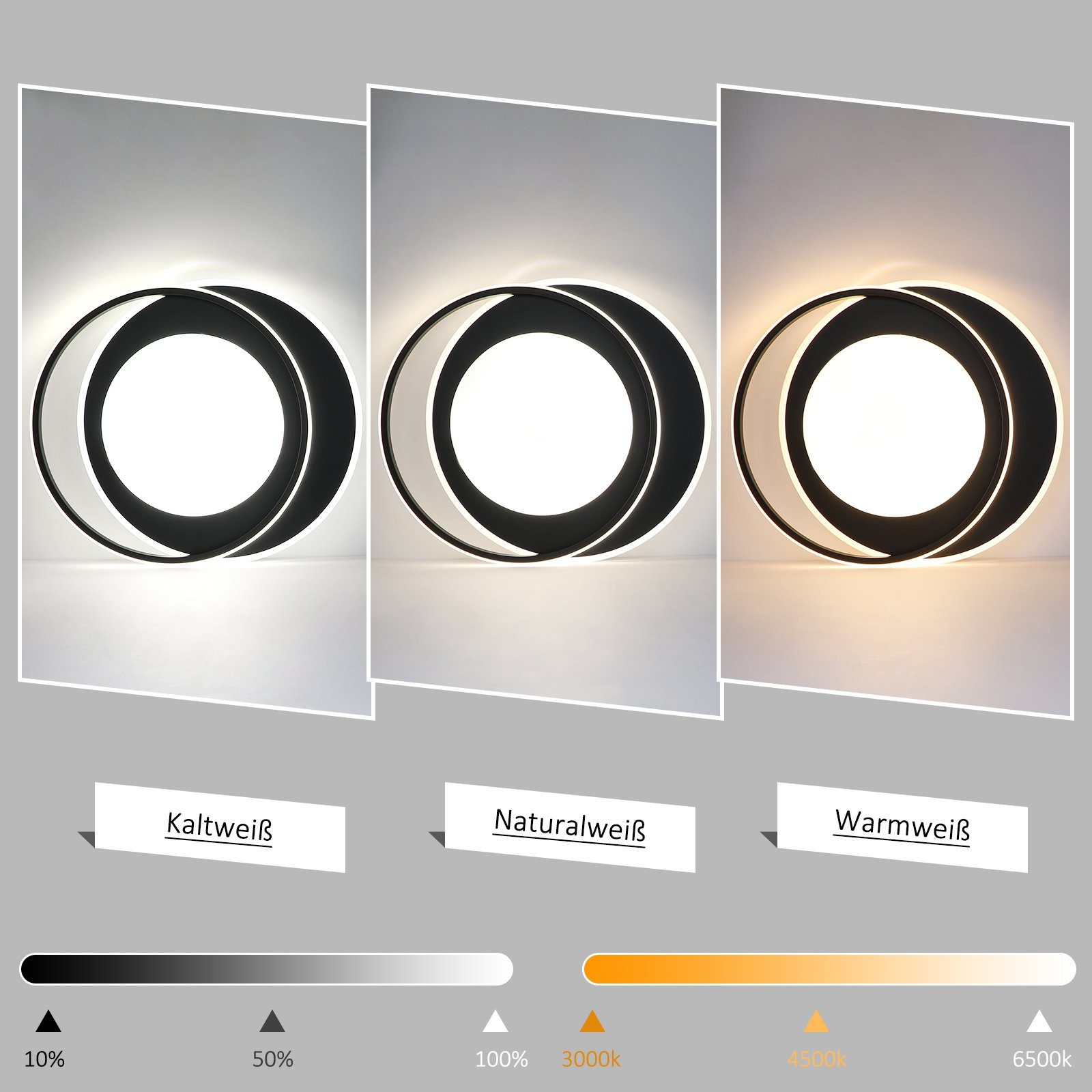 Tre immagini che mostrano diverse temperature di colore di un moderno apparecchio di illuminazione circolare.