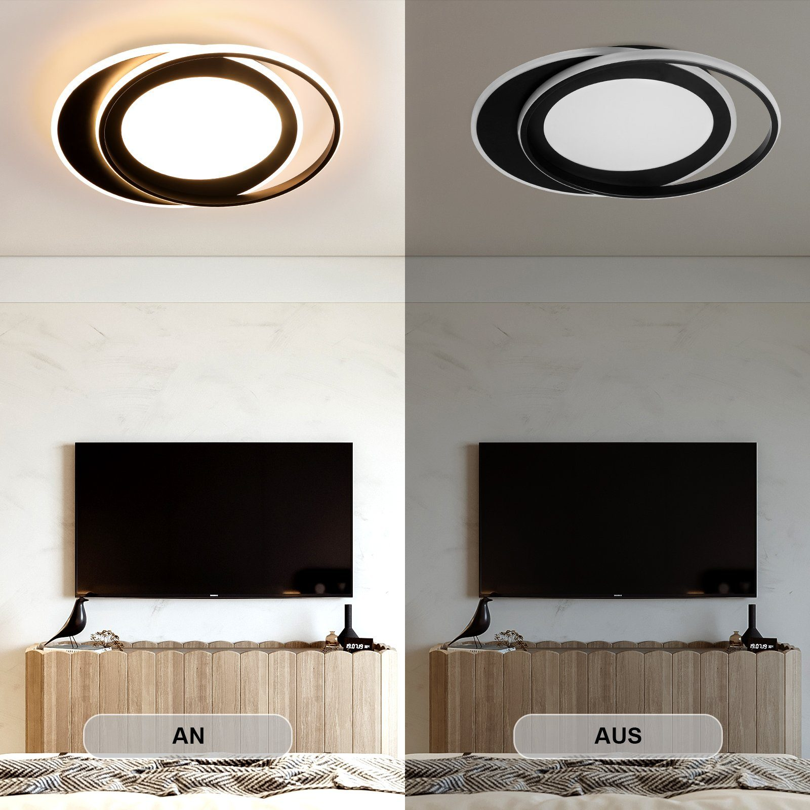 Due immagini di una moderna lampada da soffitto. Una è accesa e l'altra spenta, sopra un televisore.