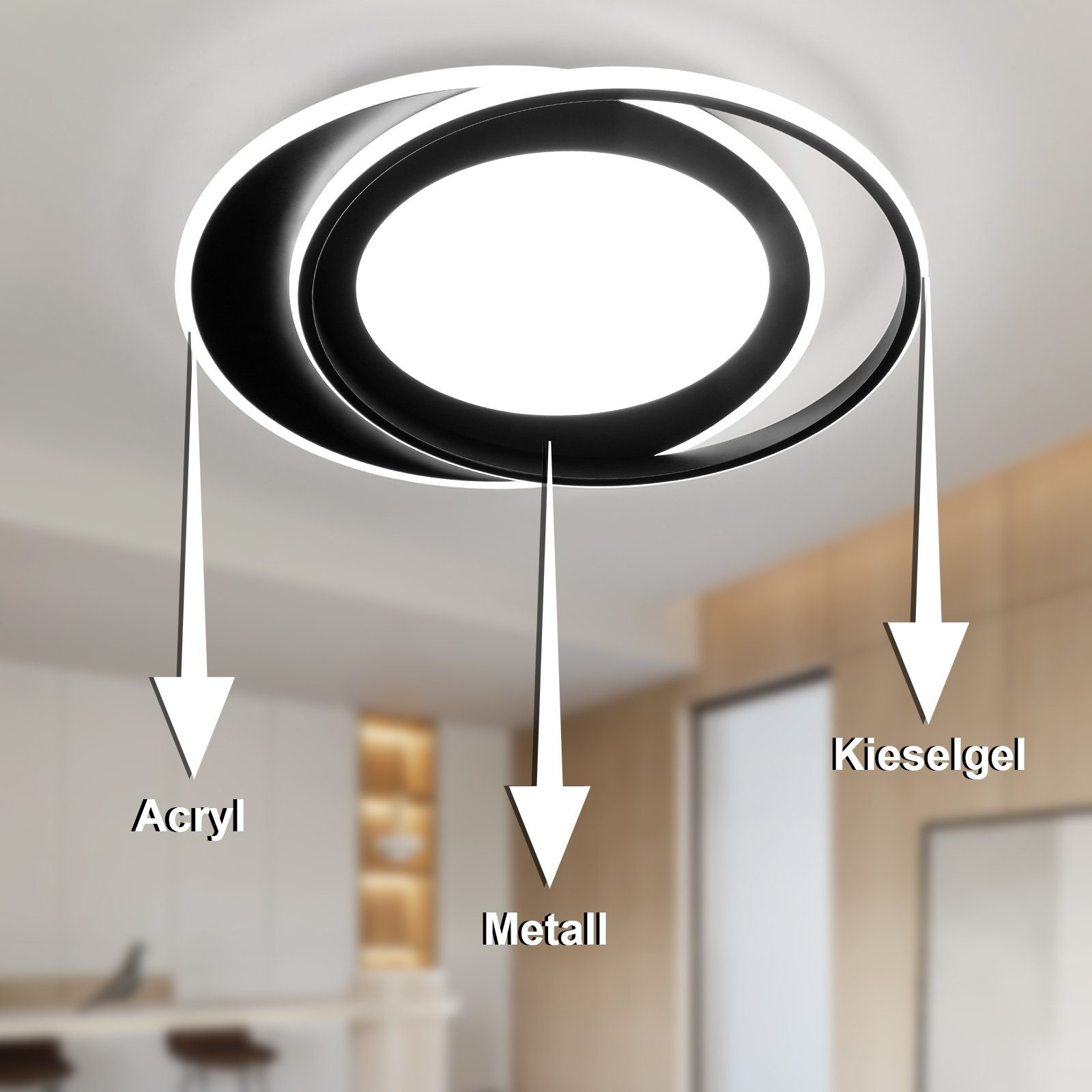Lampada da soffitto moderna in bianco e nero. Frecce indicano 'Acryl', 'Metall' e 'Kieselgel'.
