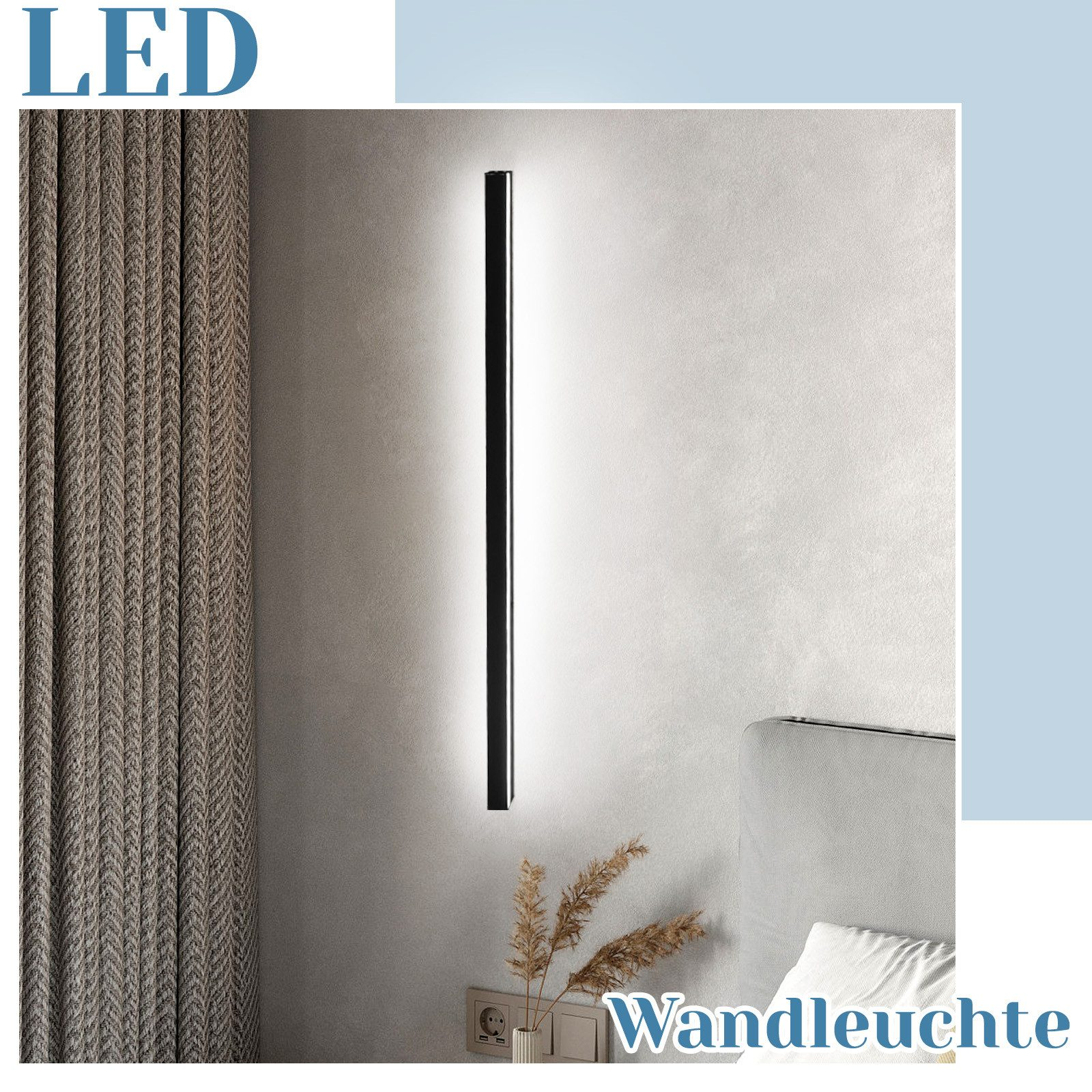 Un apparecchio di illuminazione a LED montato a parete. La luce è lunga e verticale, con un design minimalista.