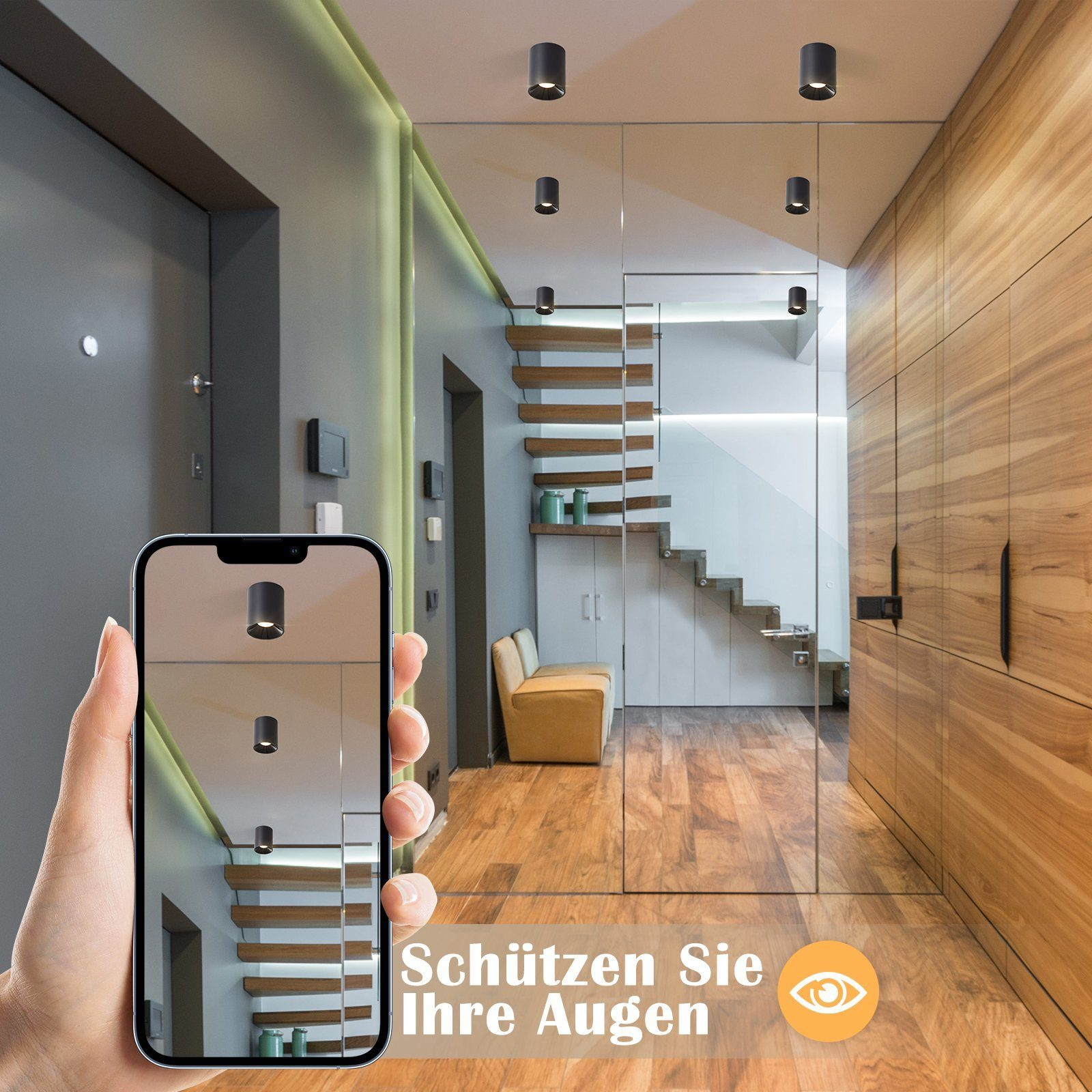 Ręka trzymająca telefon pokazuje korytarz z oświetleniem. Tekst: Chroń swoje oczy.