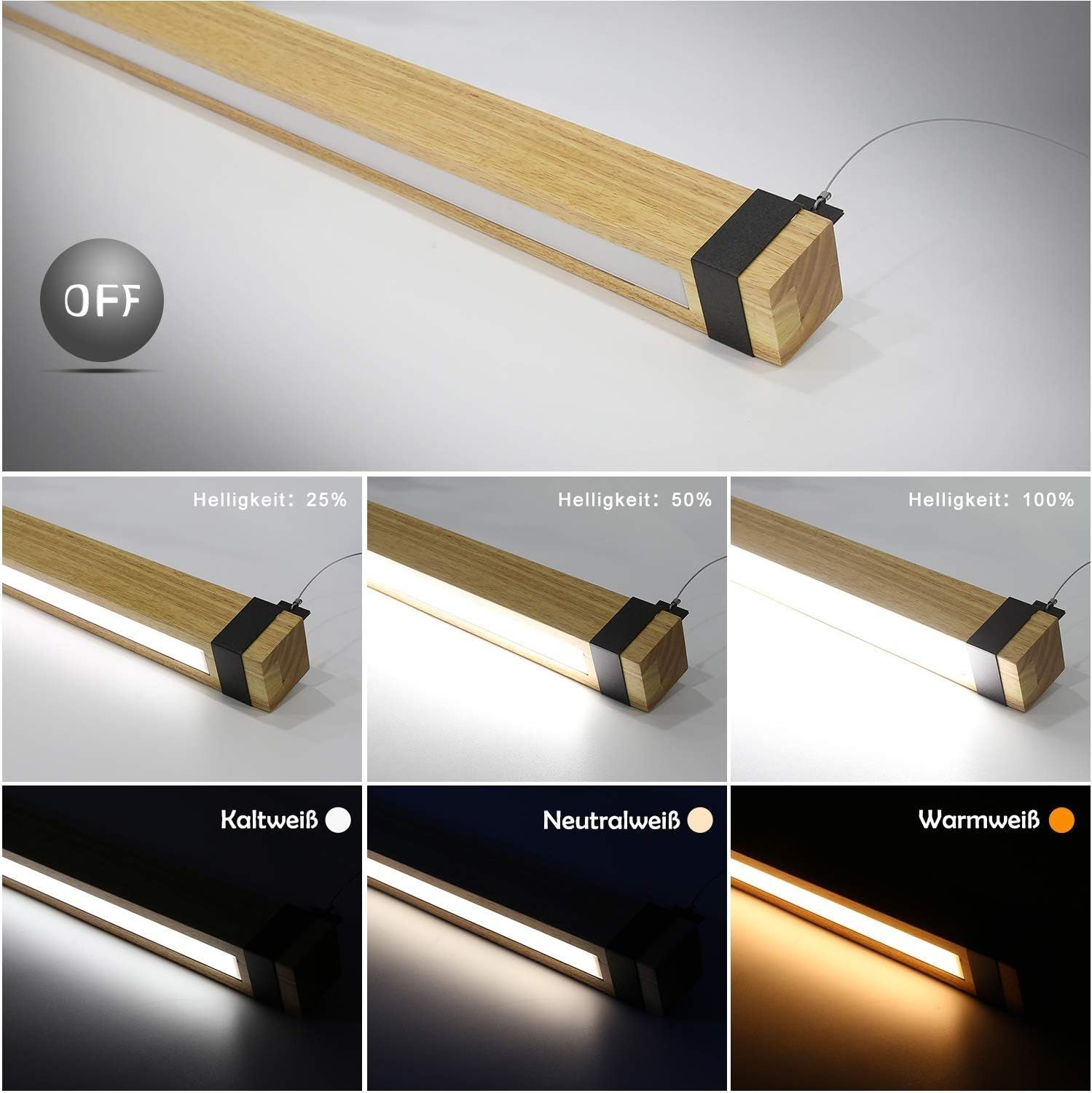 Luce LED in legno con diverse impostazioni di luminosità e temperature di colore, etichettata 25%, 50%, 100%.