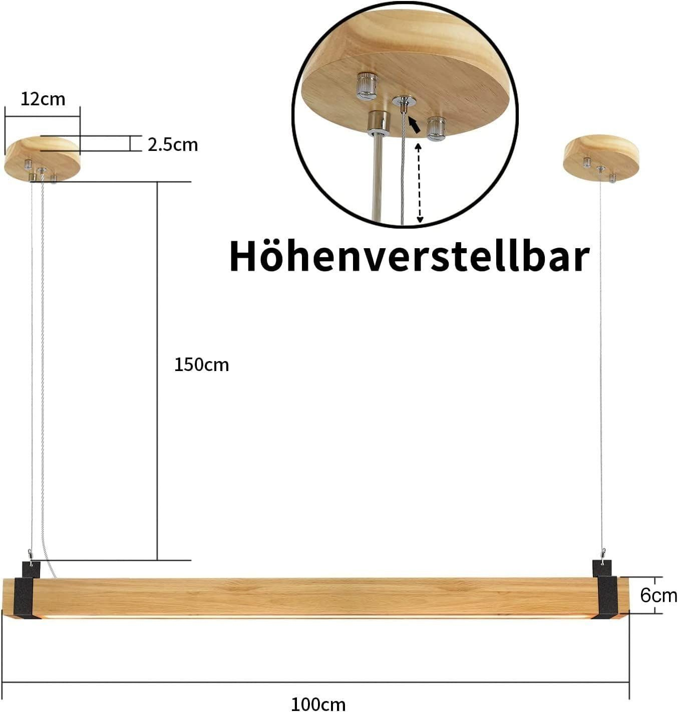 Lampada rettangolare in legno con dimensioni. Caratteristica di altezza regolabile mostrata in dettaglio.