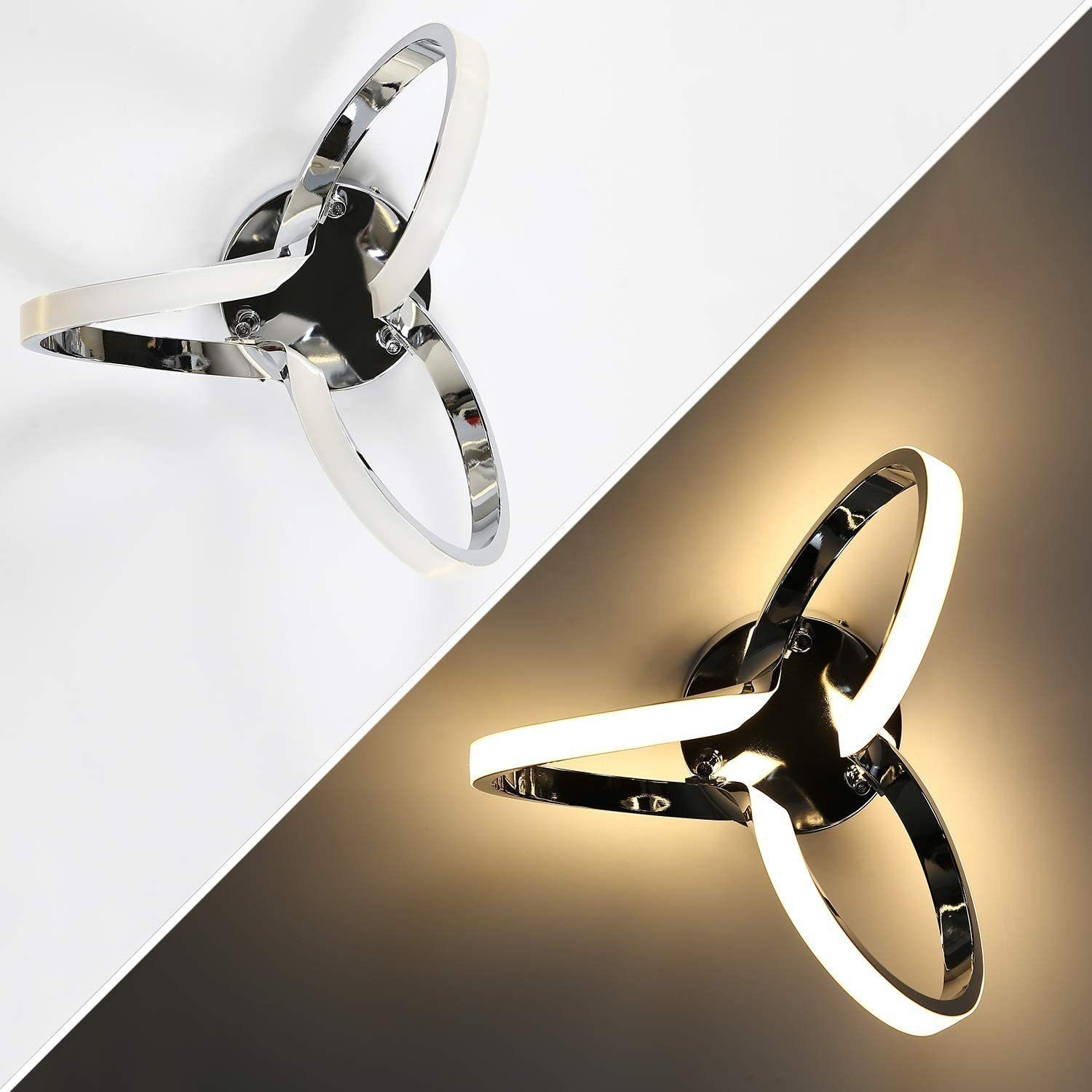 Due immagini di una lampada da parete a LED metallica con tre parti circolari. Una accesa, l'altra spenta, che mostra l'effetto acceso/spento.