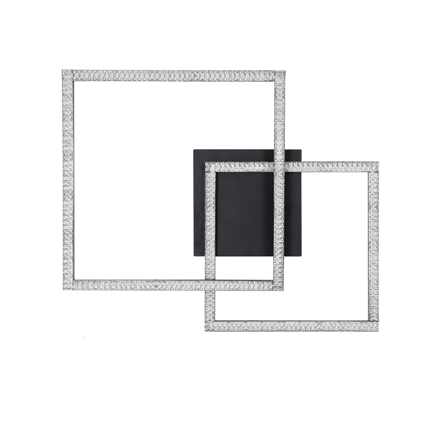 Arte murale decorativa con cornici quadrate intersecanti adornate con cristalli.
