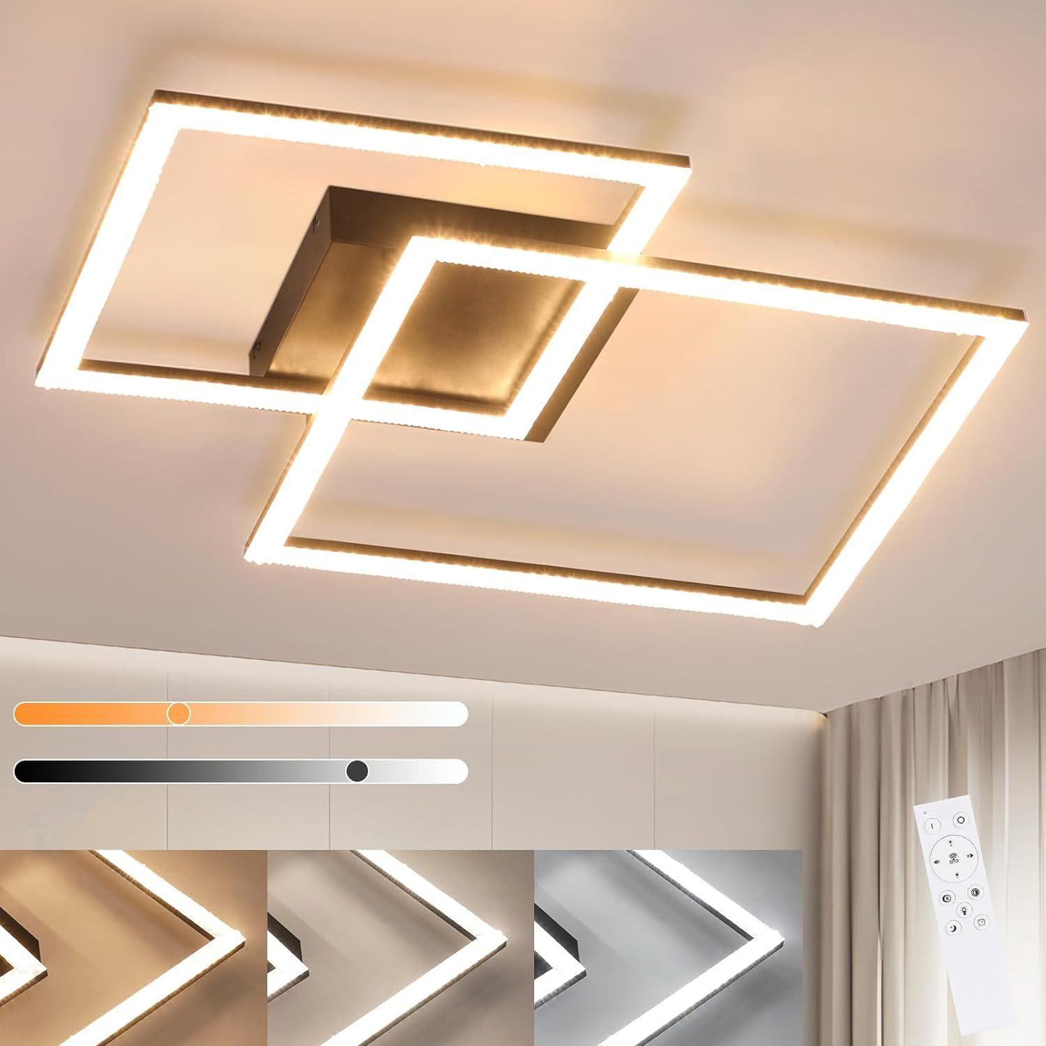 Plafoniera moderna. Due quadrati sovrapposti con LED luminosi. Telecomando e opzioni di regolazione dell'intensità luminosa visibili.