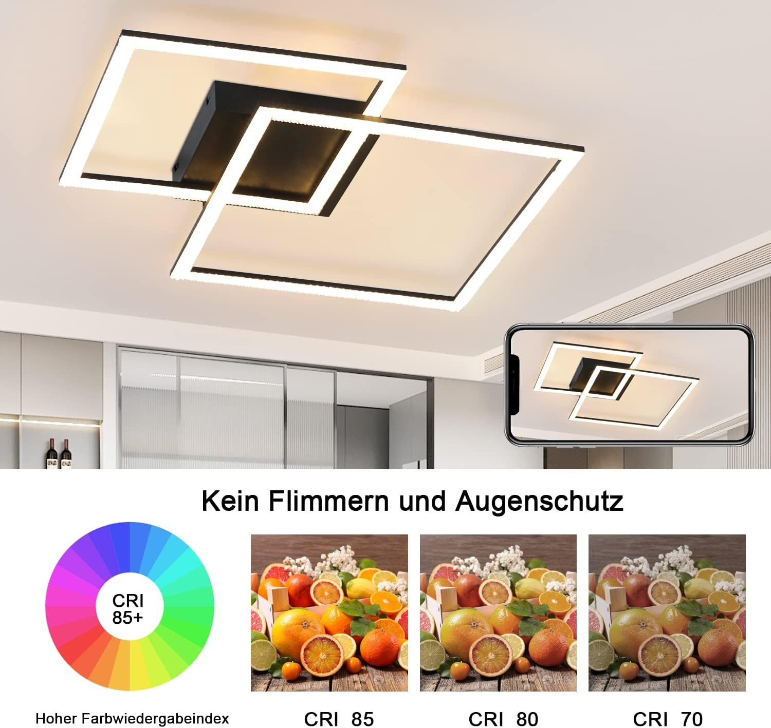 Una plafoniera con rettangoli luminosi, con immagini che mostrano diversi valori CRI e i suoi vantaggi.