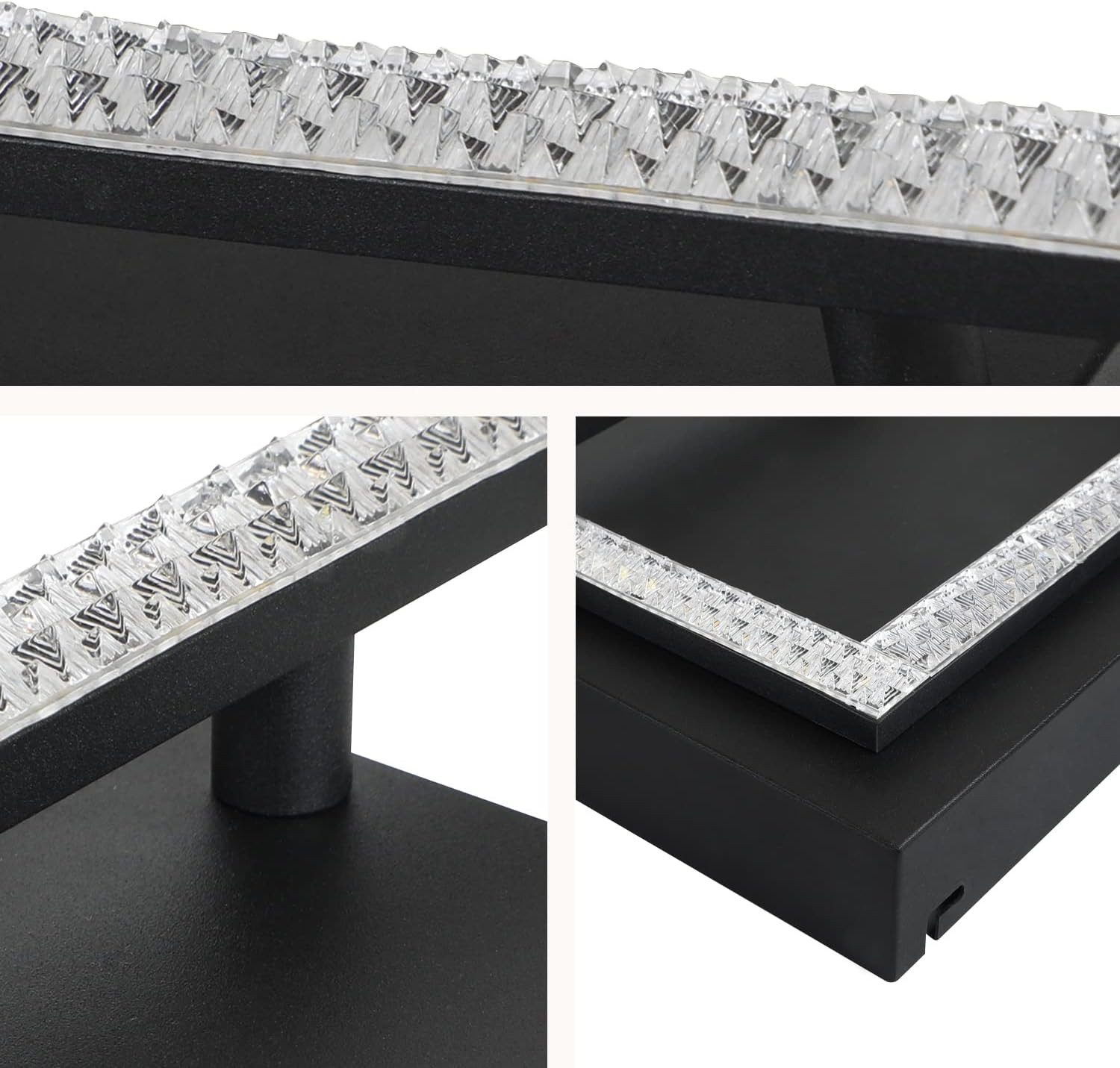 Primo piano di luci nere e moderne con dettagli simili a cristalli. Varie angolazioni mostrano il design.