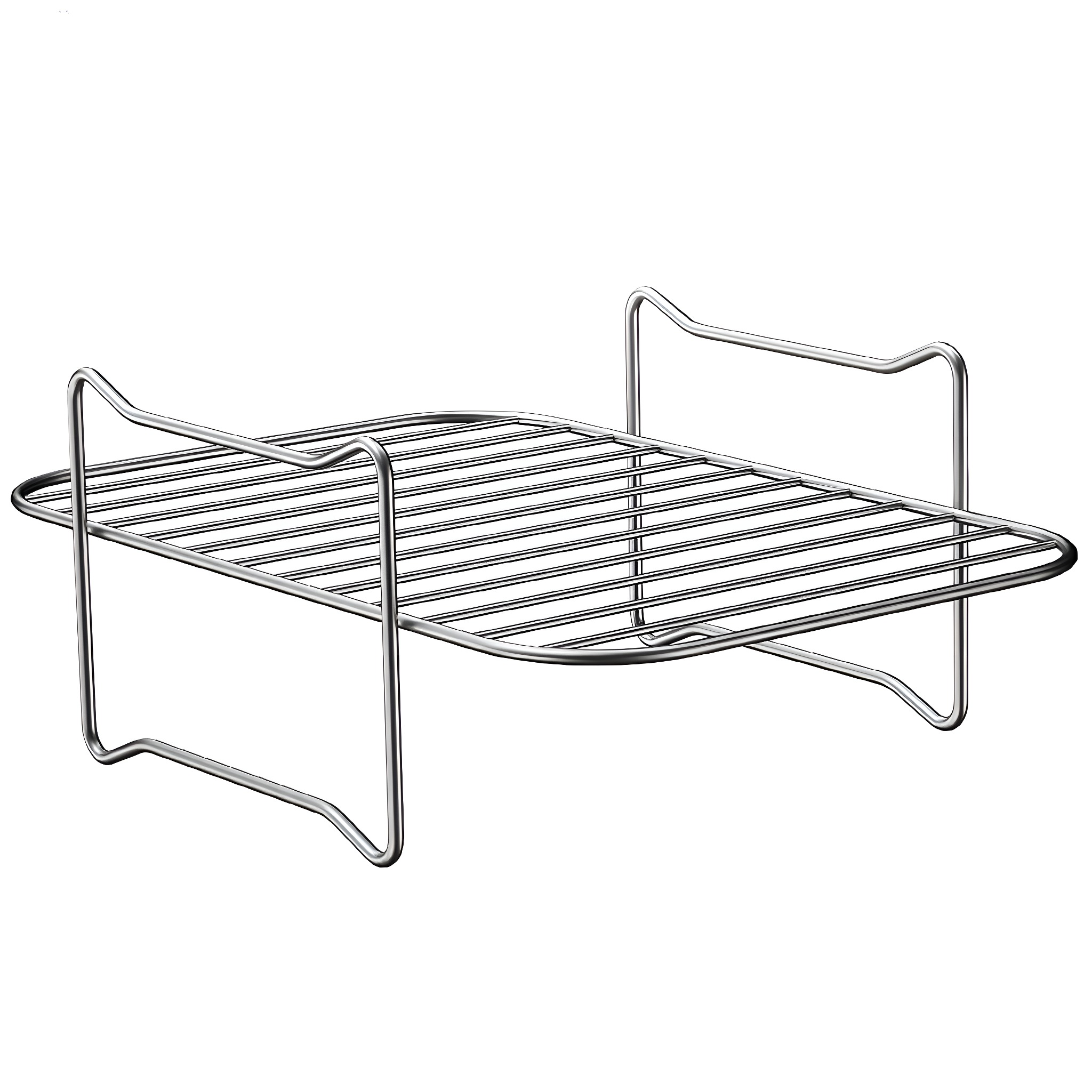 Silbernes Metallregal mit parallelen Stäben, für Küche oder Ofen.