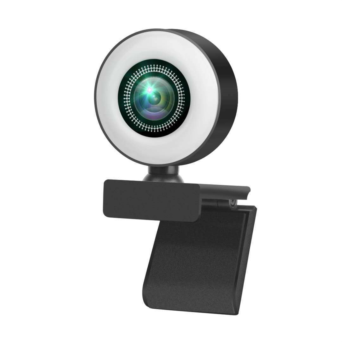 Eine Webcam mit Ringlicht. Sie hat einen schwarzen Körper und einen Clip zur Befestigung am Computerbildschirm.
