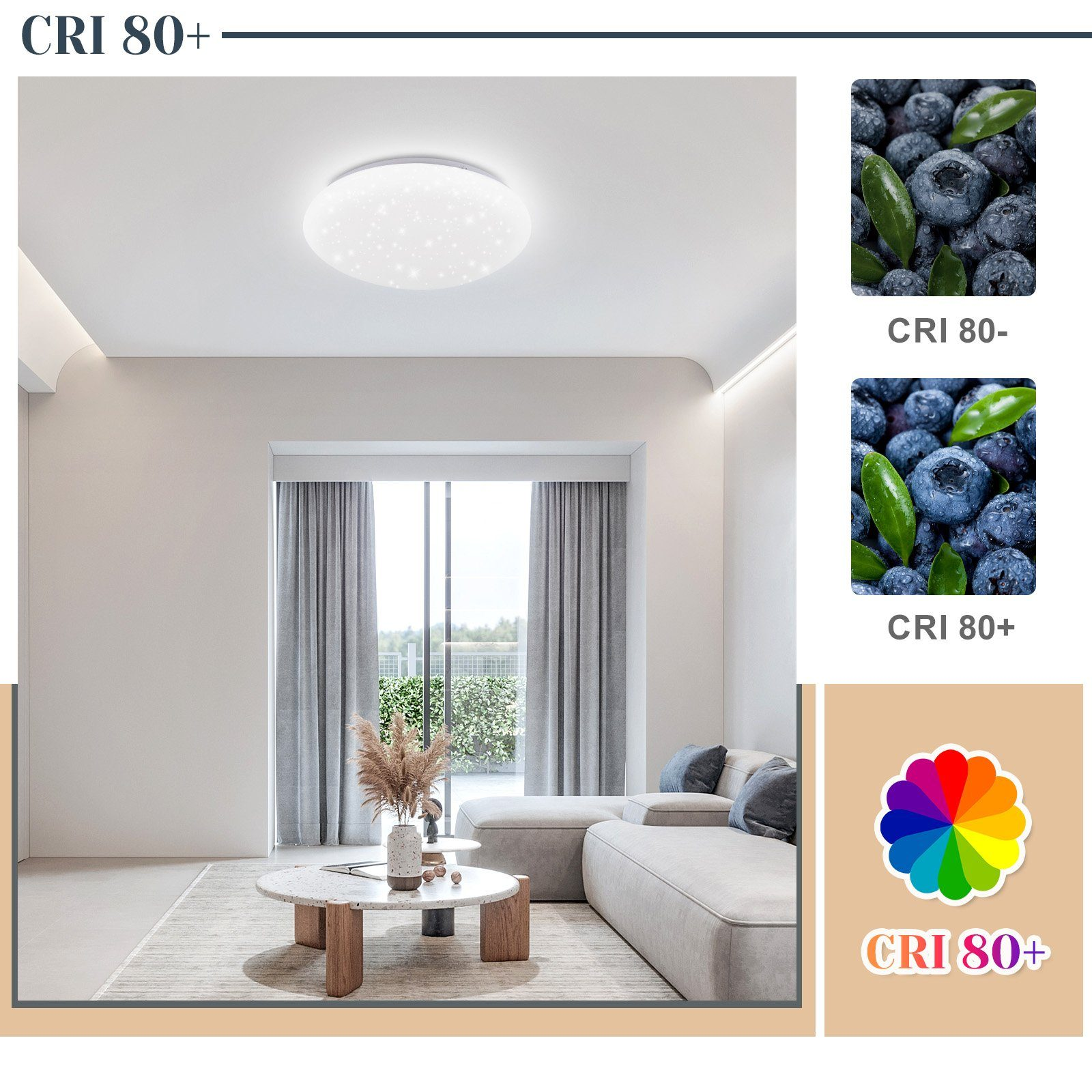 Una sala de estar con una luz de techo redonda y dos imágenes de arándanos, con un espectro de color.