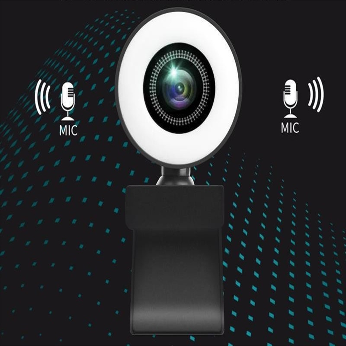 Webcam mit Ringlicht. Die Kamera ist schwarz, mit weißem Licht und zwei Mikrofon-Symbolen. Technologie.