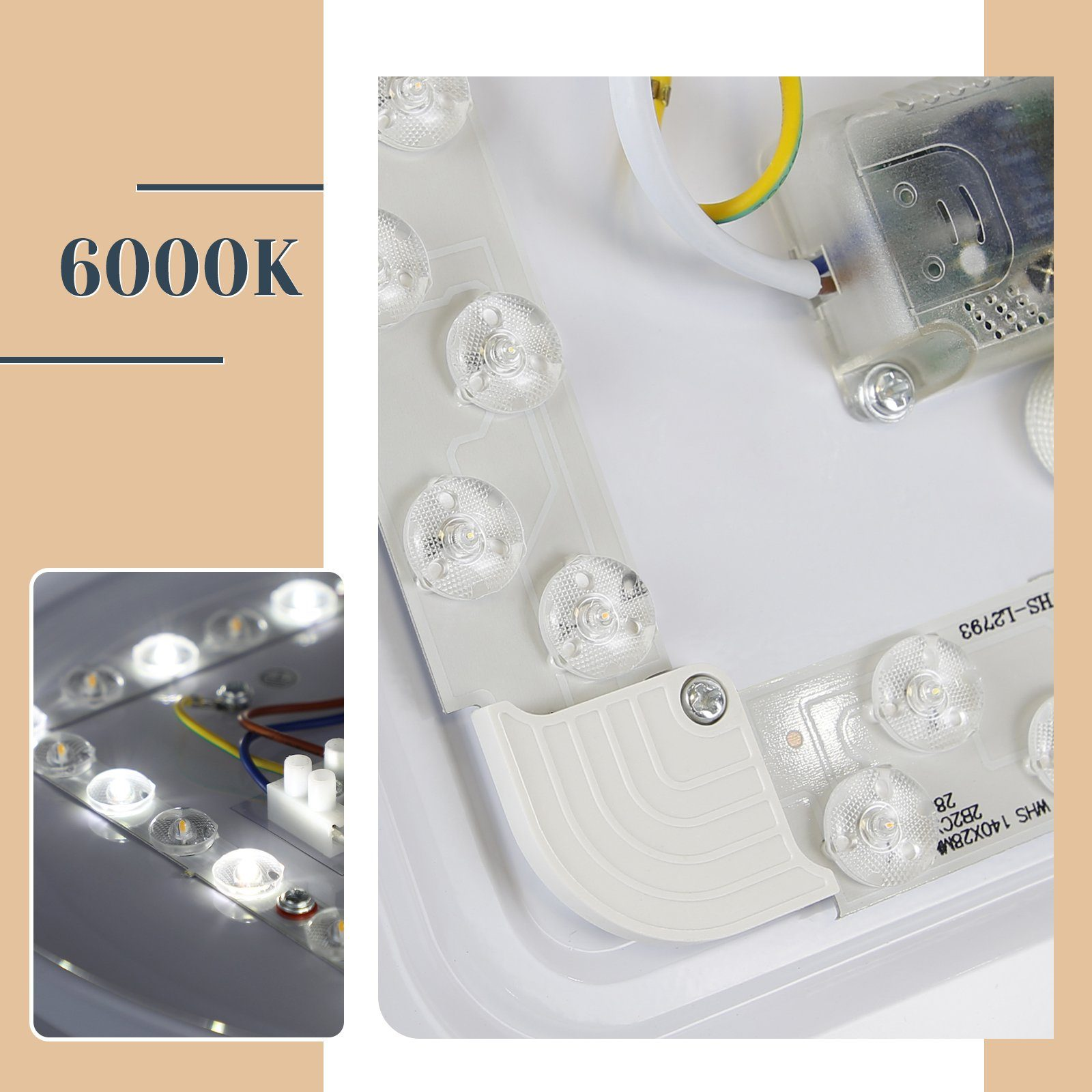 Primer plano de los componentes internos de una luz de techo que muestra luces LED y piezas eléctricas.