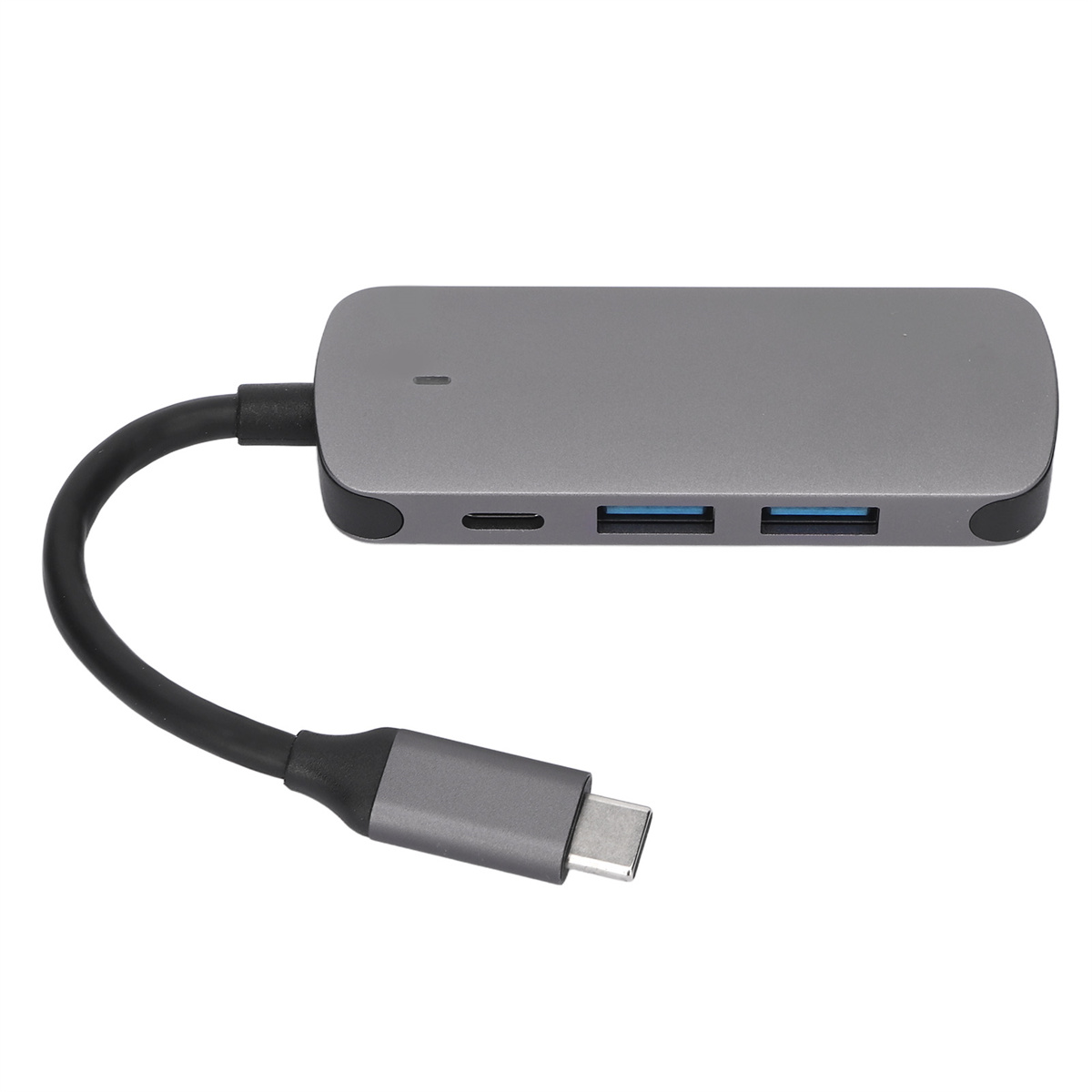 Ein grauer USB-Hub mit mehreren Anschlüssen und einem angeschlossenen schwarzen Kabel.