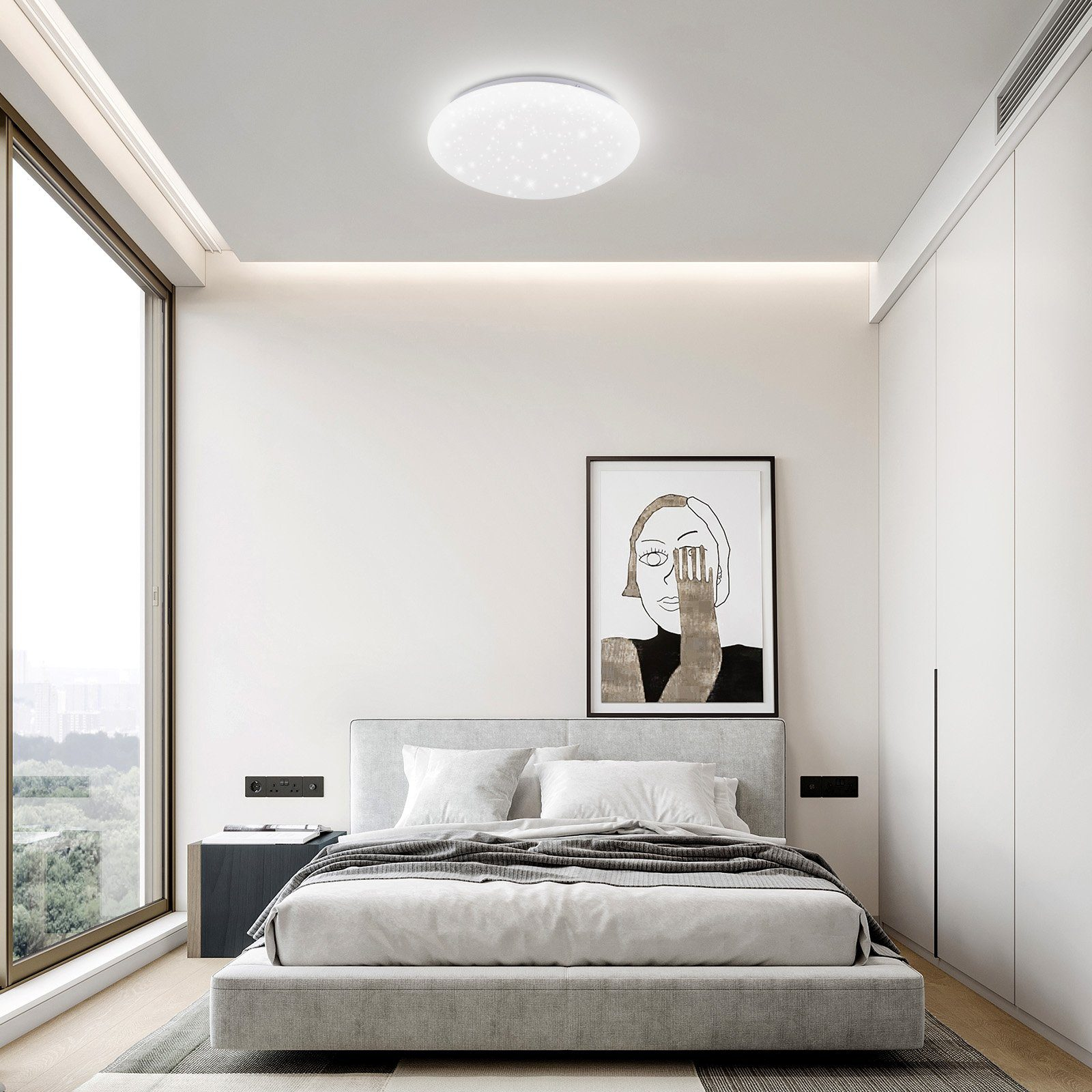 Dormitorio con una luz de techo redonda. Cama, obras de arte y ventana grande son visibles.