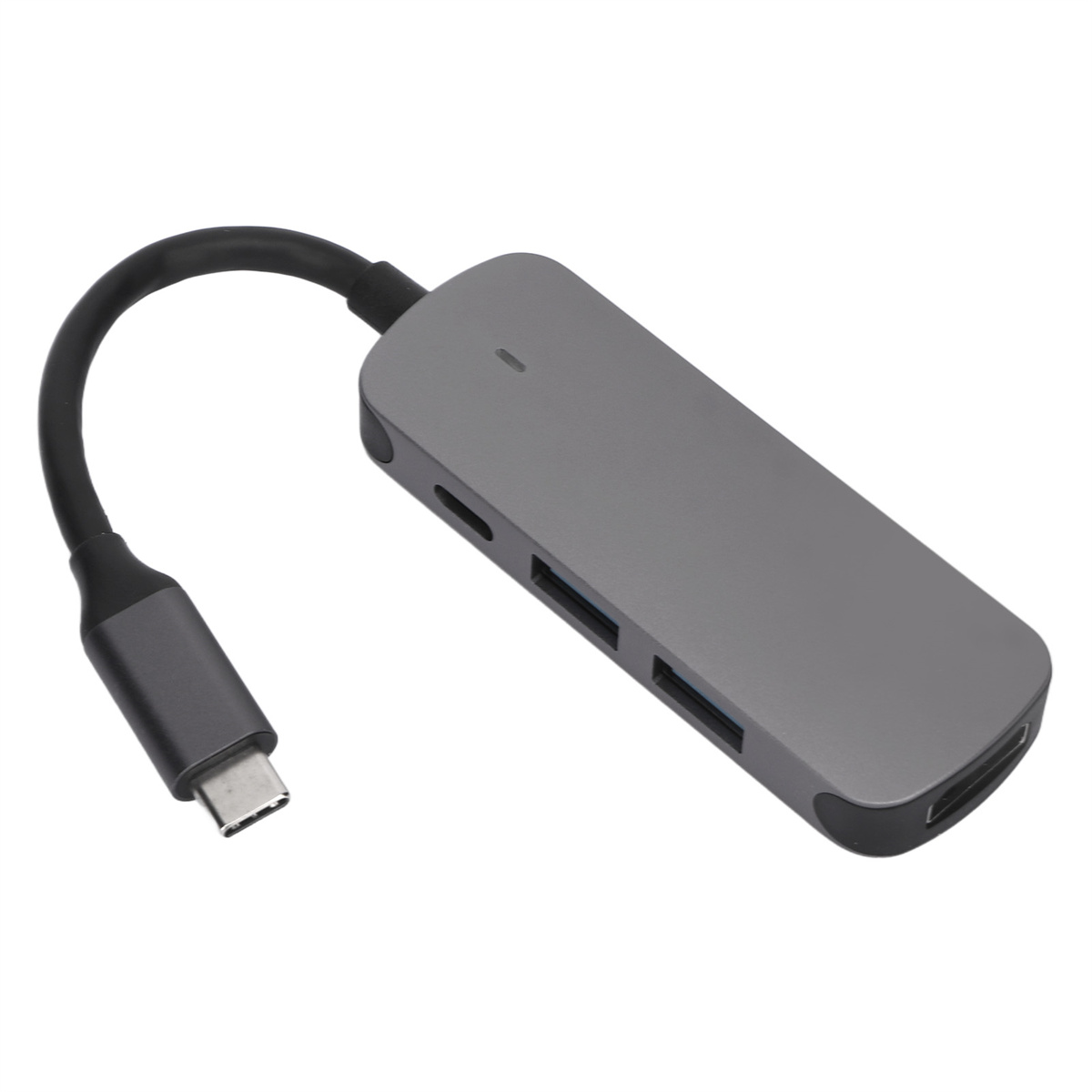 Ein grauer USB-C-Hub mit mehreren Anschlüssen und einem schwarzen Kabel.