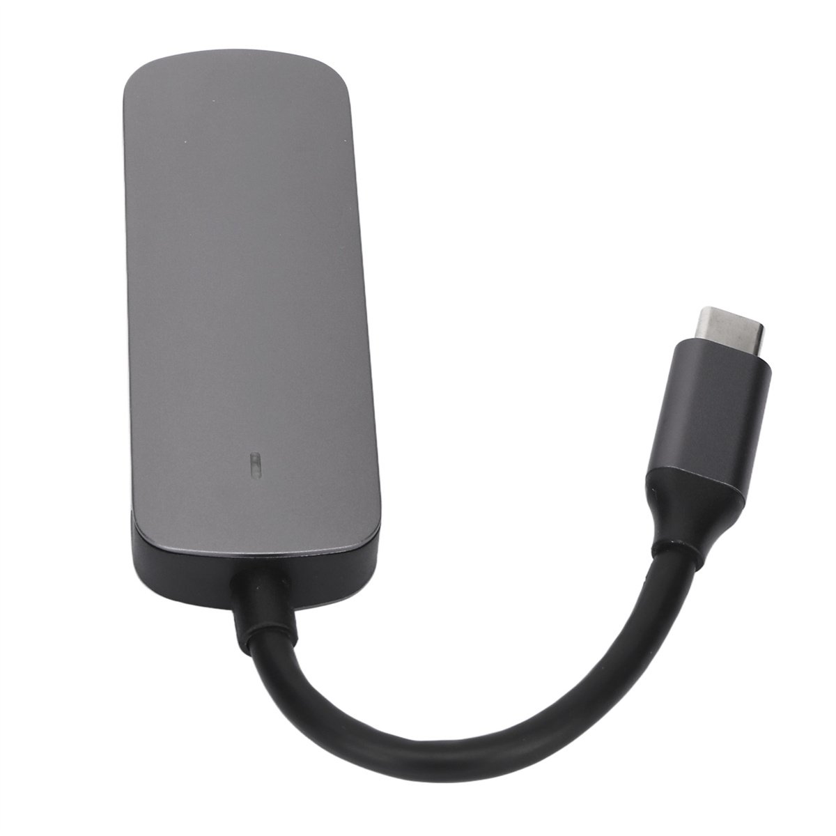 Ein grauer USB-C-Hub mit schwarzem Kabel. Er ist rechteckig mit abgerundeten Kanten.