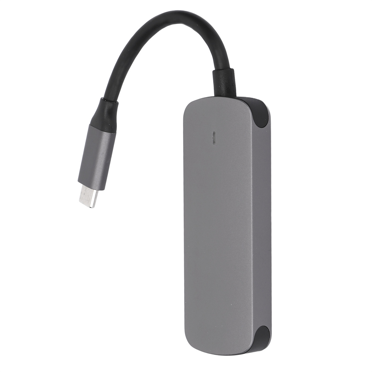 Ein grauer USB-C-Adapter mit einem schwarzen Kabel.