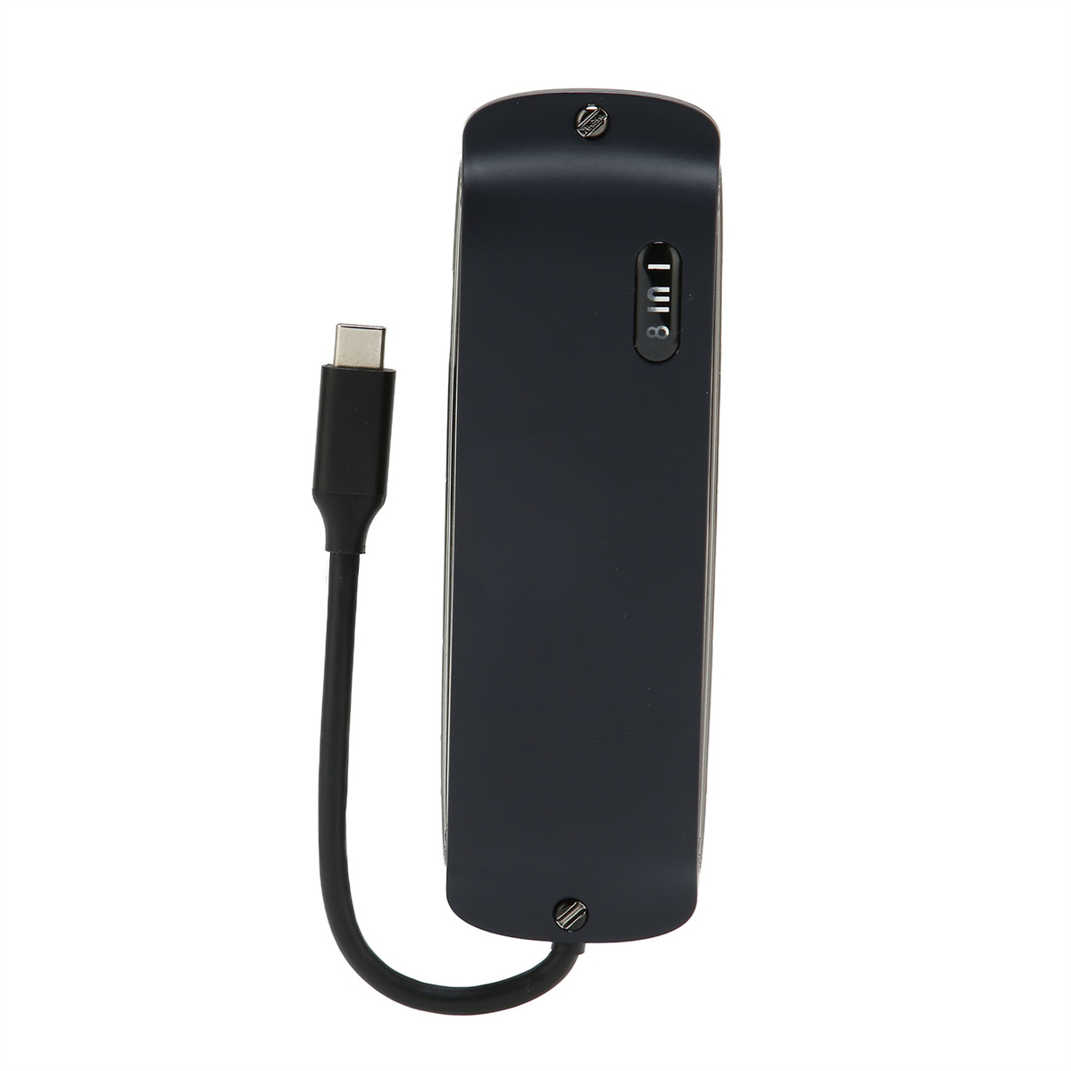 Schwarze, rechteckige Powerbank mit angeschlossenem USB-C-Kabel. Es hat ein digitales Display und einen Anschluss.