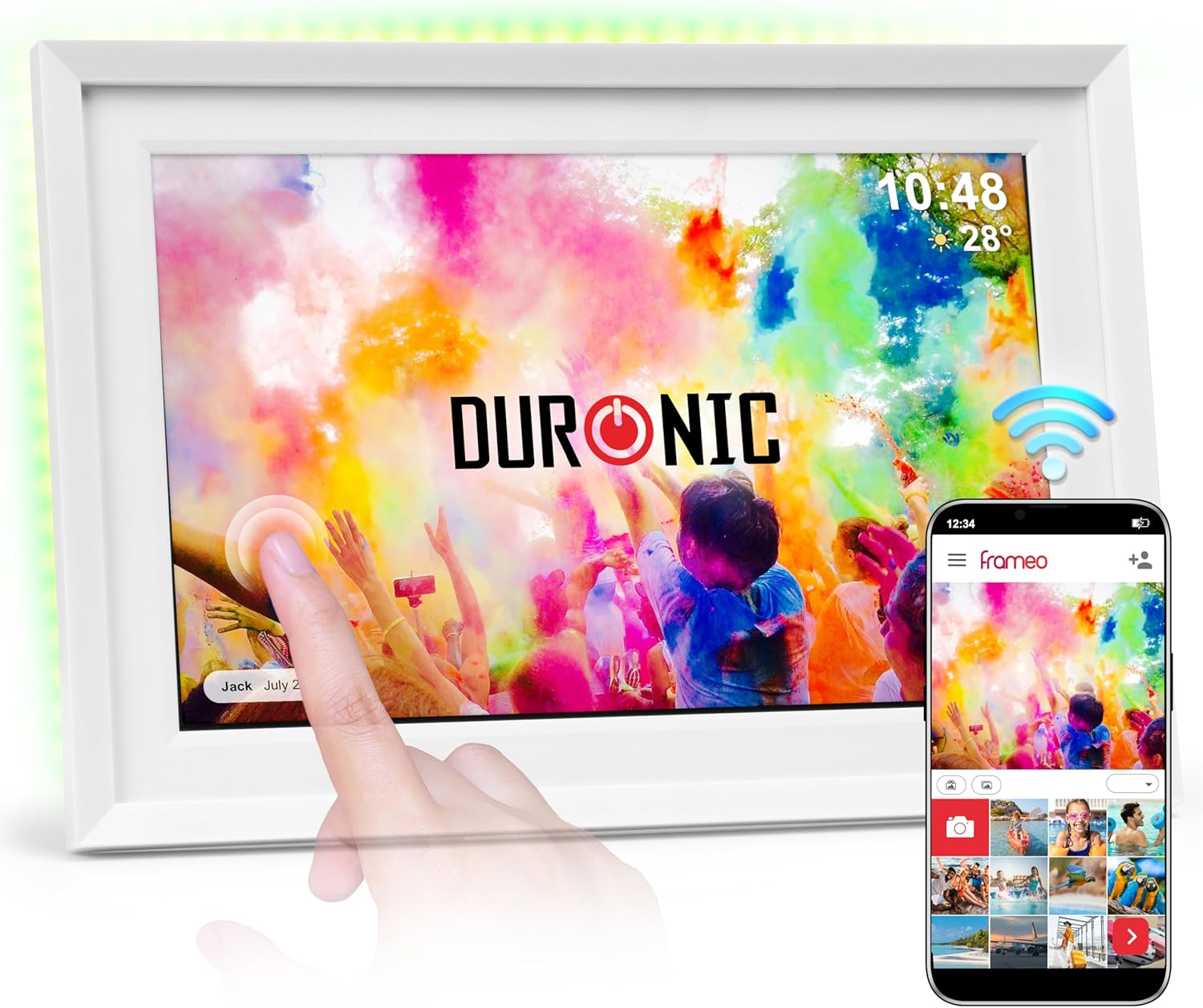 Digitaler Bilderrahmen mit Person, die den Bildschirm berührt. Telefon rechts.