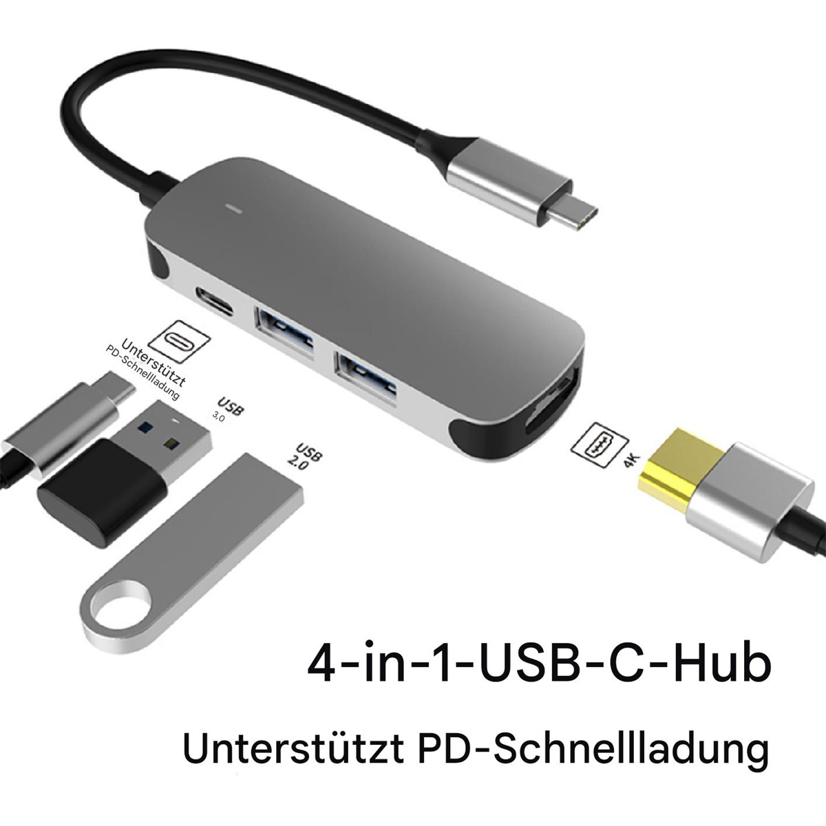 Ein silberner USB-C-Hub mit mehreren Anschlüssen und Zubehör. Der Text lautet 4-in-1-USB-C-Hub und PD-Schnellladung.