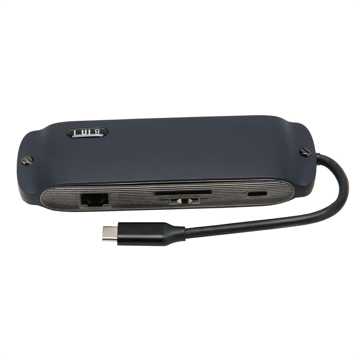 Ein dunkelblauer USB-Hub mit mehreren Anschlüssen und einem USB-C-Kabel.
