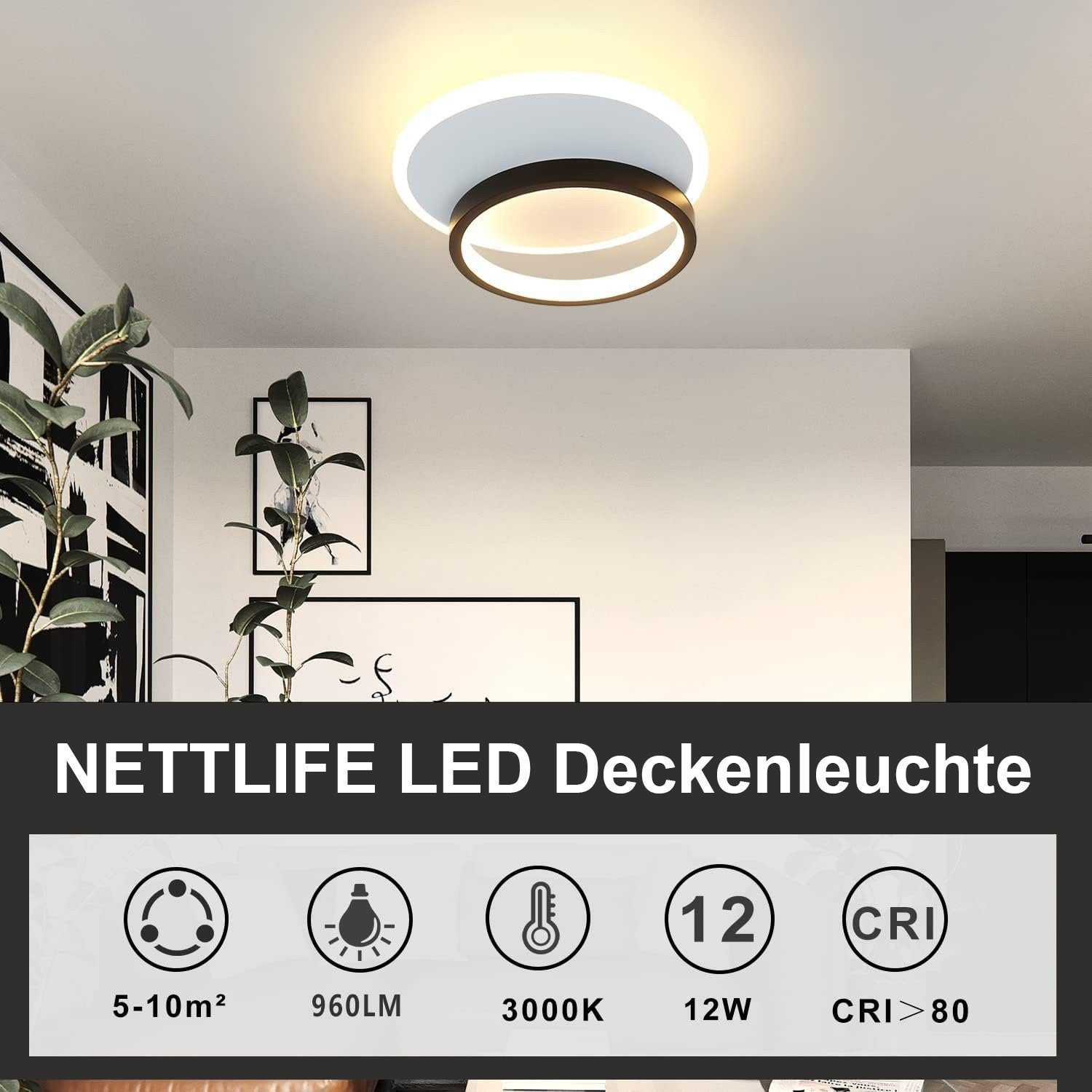 Lampada da soffitto rotonda con design bianco e nero. Testo e icone sotto.