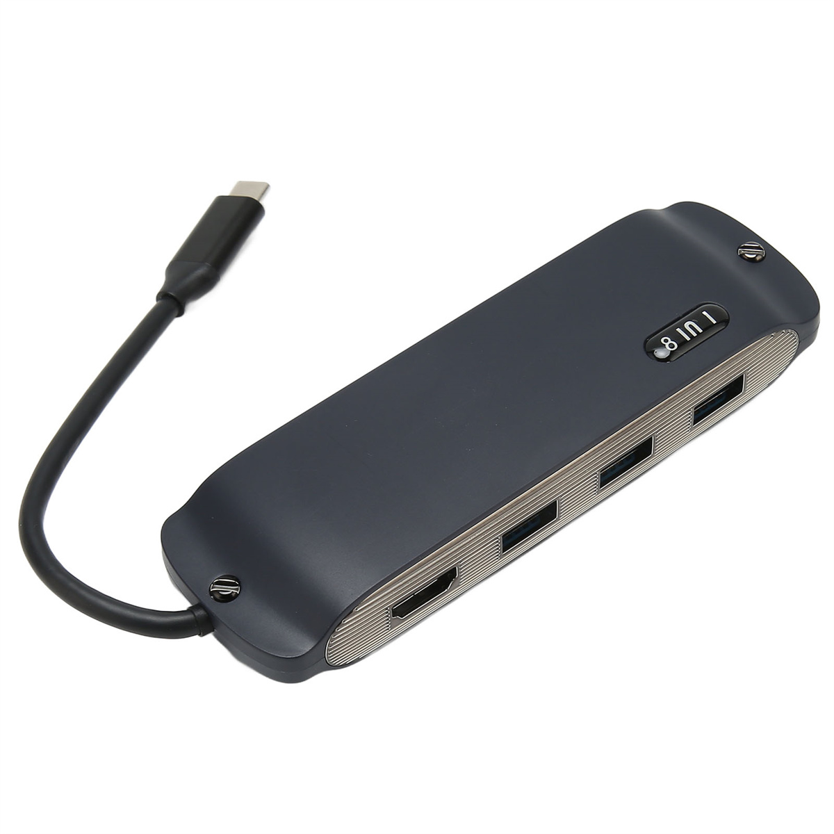 Ein dunkelgrauer 8-in-1-USB-C-Hub mit schwarzem Kabel, Anschlüssen und silberner Zierleiste auf weißem Hintergrund.