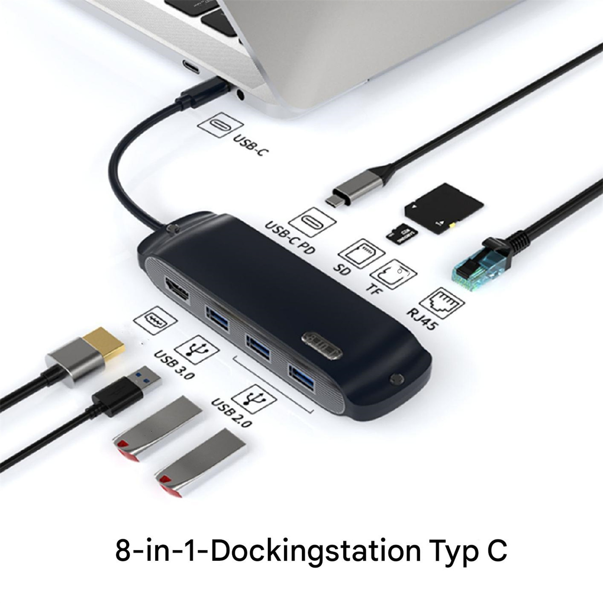 Eine 8-in-1-Dockingstation mit Kabeln und USB-Anschlüssen. Symbole kennzeichnen die Anschlüsse und Kabel.