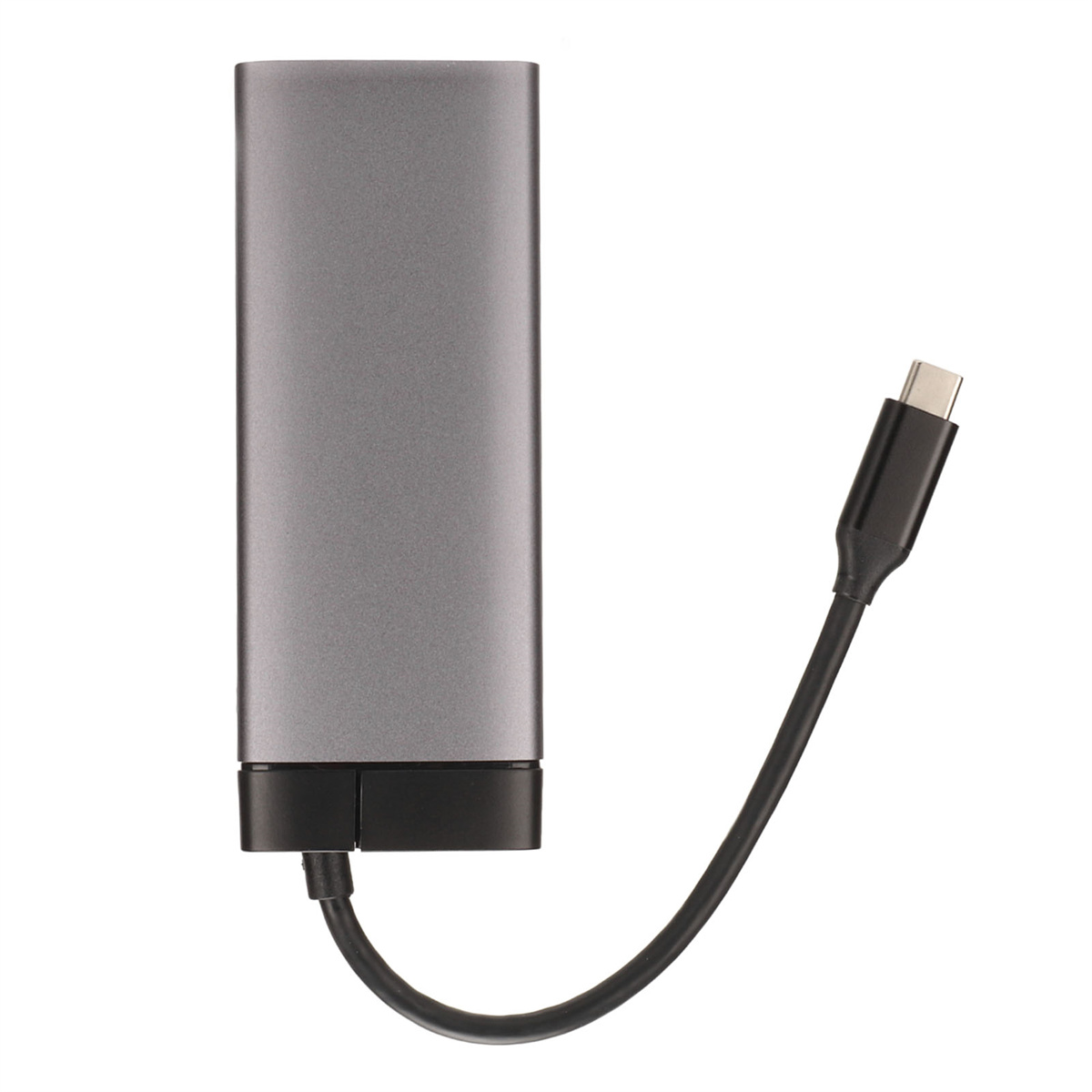 Ein silbergrauer USB-C-Hub mit angeschlossenem schwarzem Kabel. Der Hub ist rechteckig.