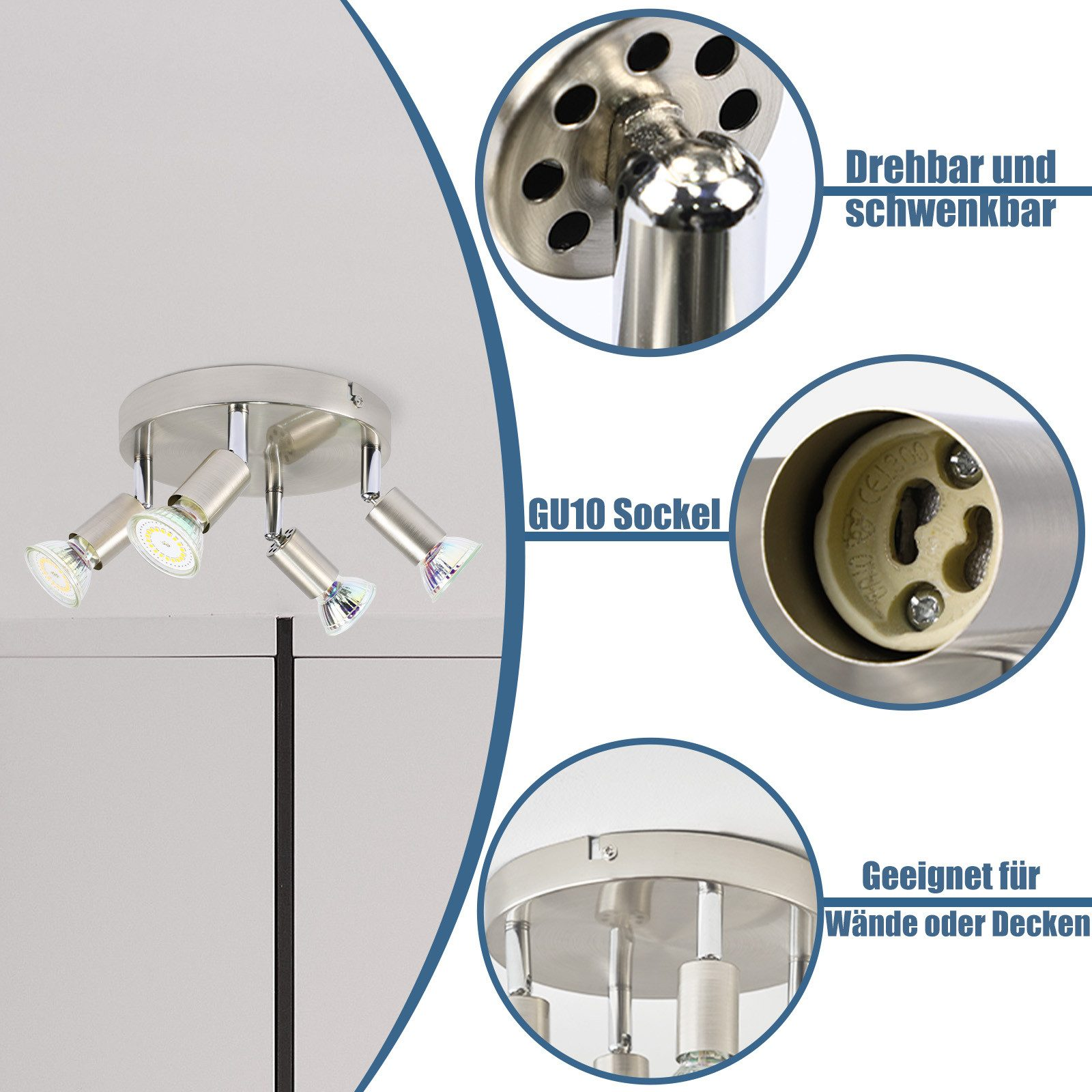 Apparecchio a soffitto con 3 faretti, attacchi GU10 e base circolare.