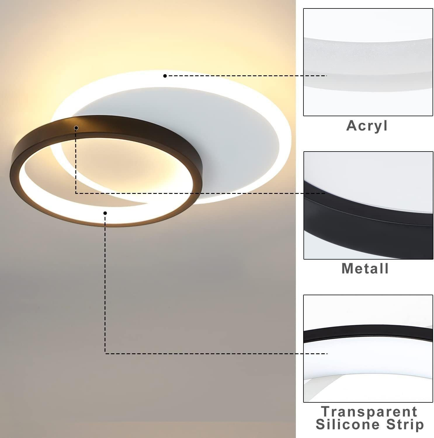 Una moderna plafoniera con un design ad anello bianco e marrone, con dettagli in acrilico, metallo e striscia di silicone.