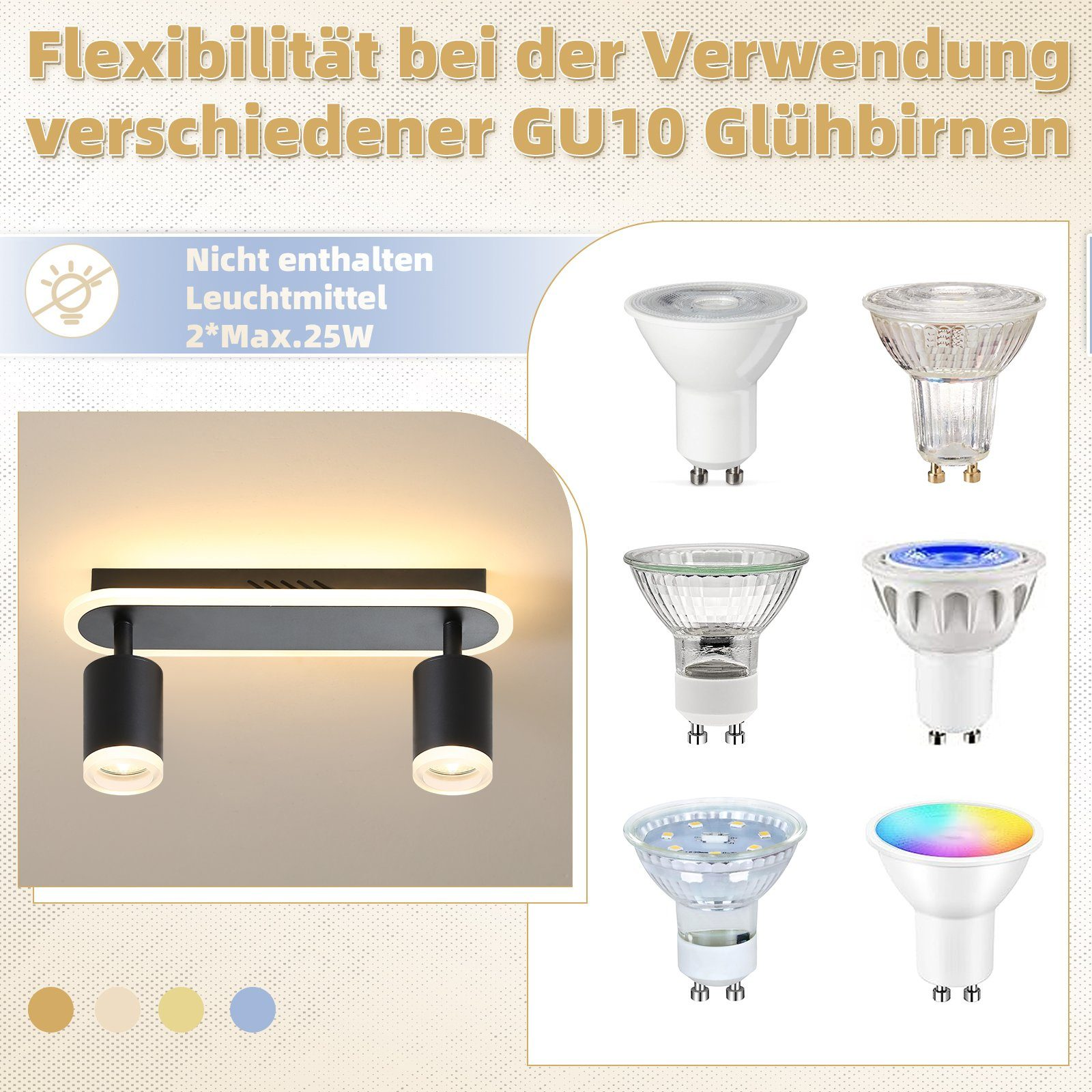 Un apparecchio bianco e nero con diversi esempi di lampadine GU10. Il testo è in tedesco.