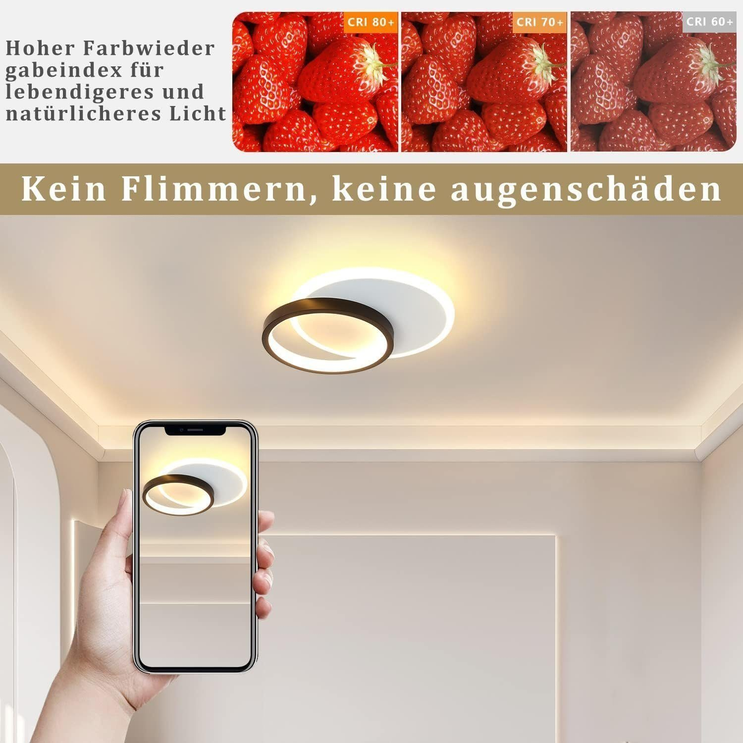 Una persona che tiene in mano un telefono che mostra un lampada da soffitto rotonda e fragole.