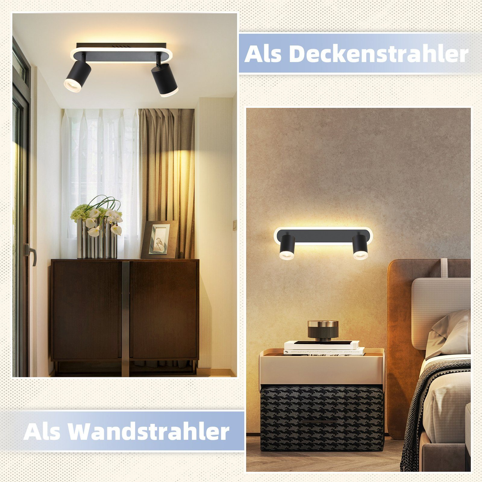 Due immagini: Un faretto da soffitto e un faretto da parete, entrambi neri, con faretti accesi, in stanze moderne.