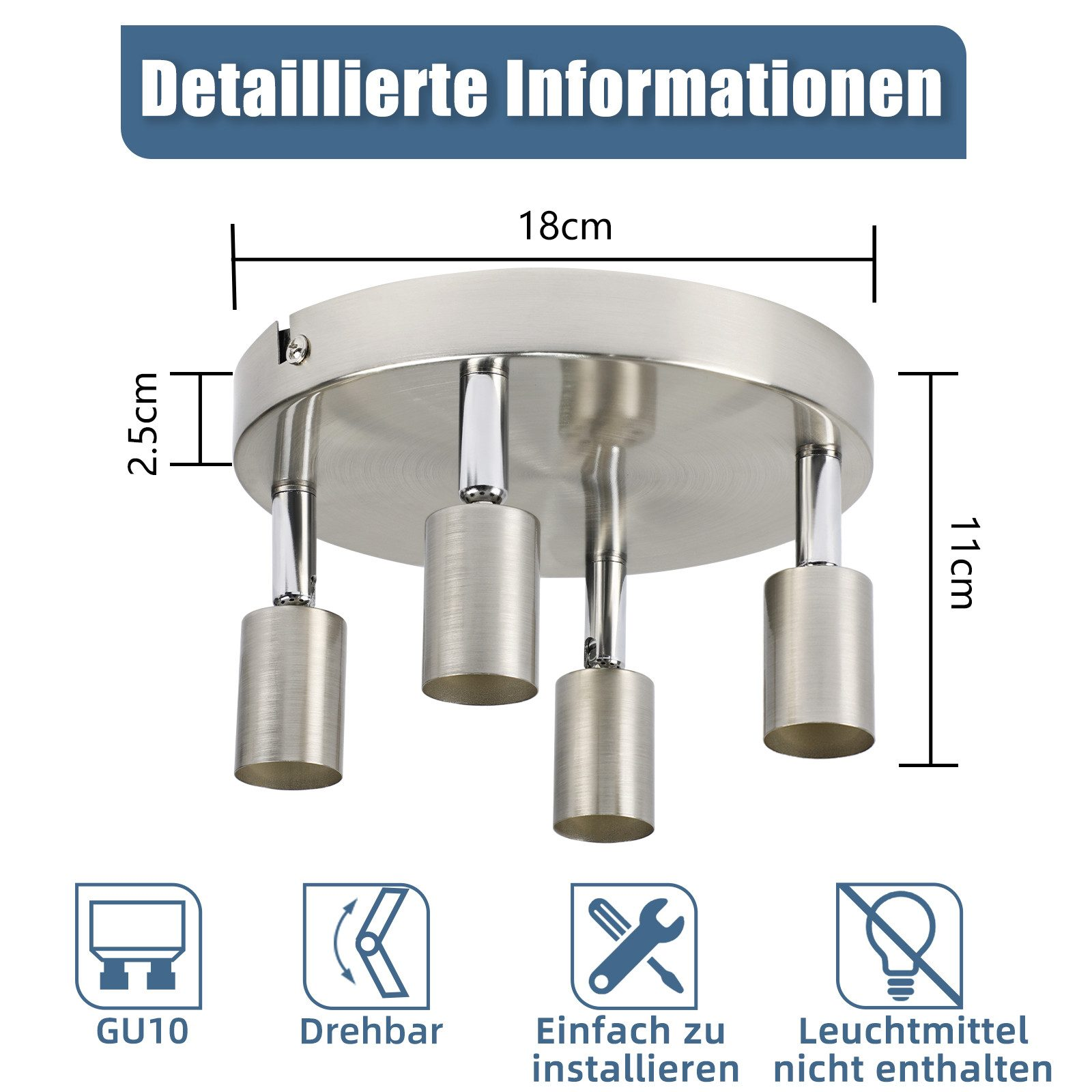 Informazioni dettagliate di un apparecchio di illuminazione. Mostra dimensioni e diverse icone, inclusi GU10 ed E14.