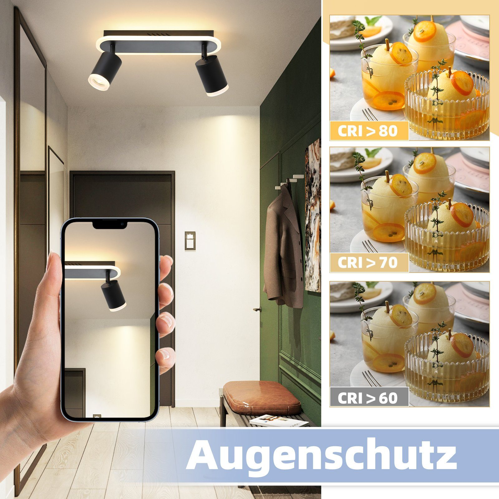 Mano che tiene un telefono che mostra un faretto. Tre bicchieri di cibo con diverse impostazioni di luce.
