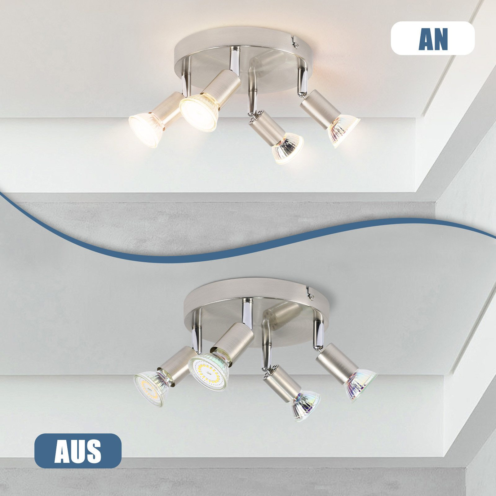 Faretti a soffitto, due diverse impostazioni di luce. Apparecchi argentati, lampadine luminose e soffitto grigio.