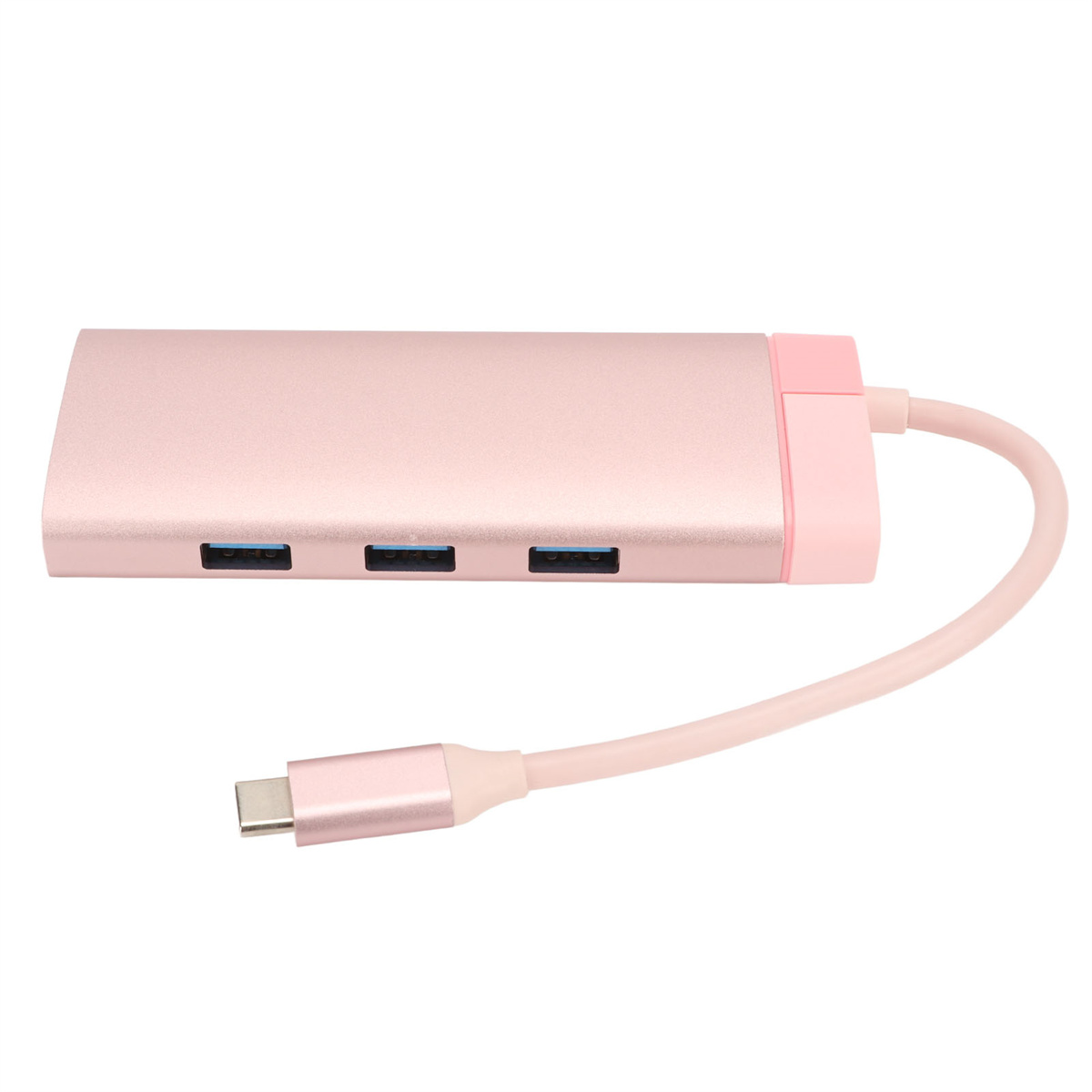 Ein rosa USB-Hub mit 3 USB-Anschlüssen und einem USB-C-Anschluss. Weißer Hintergrund.