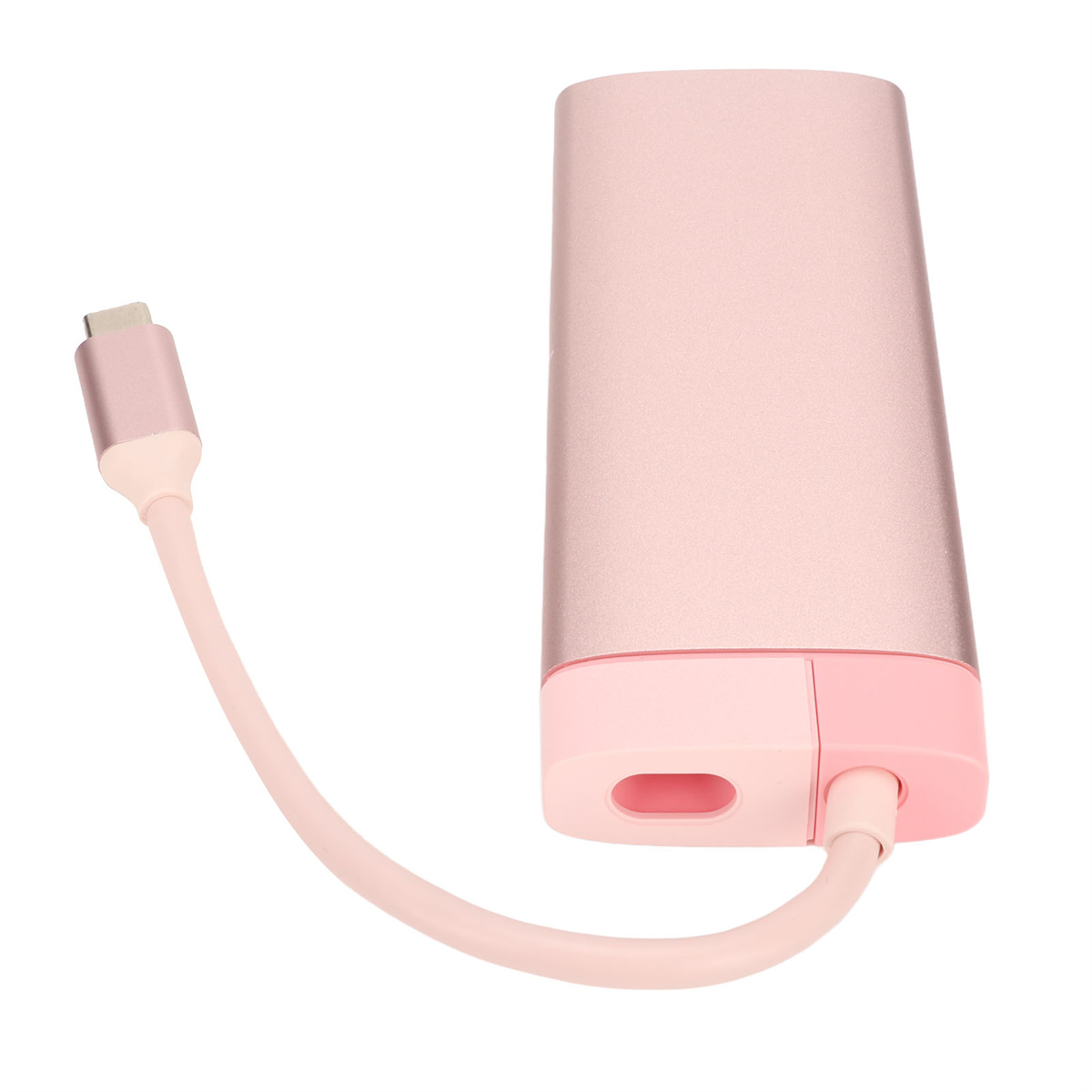 Ein rosa USB-C-Hub mit einem rosa Kabel, angeschlossen an ein rosa Gerät.