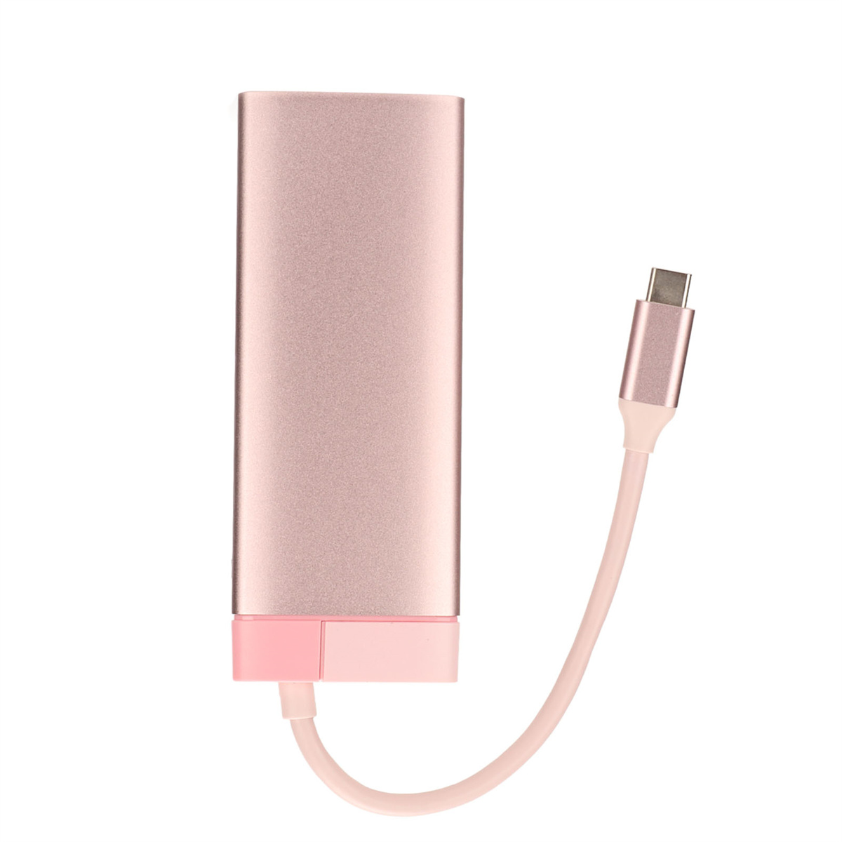 Roségoldene Powerbank mit passendem Kabel. Das Kabel ist an der Bank angeschlossen.